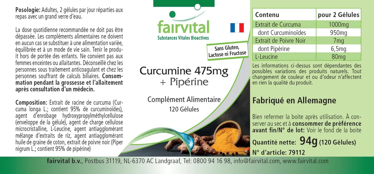 fairvital Gélules de curcuma, 500mg d'extrait de curcuma par gélule, 120 gélules, HAUTEMENT DOSÉES, curcumine 95% avec biopérine (pipérine)