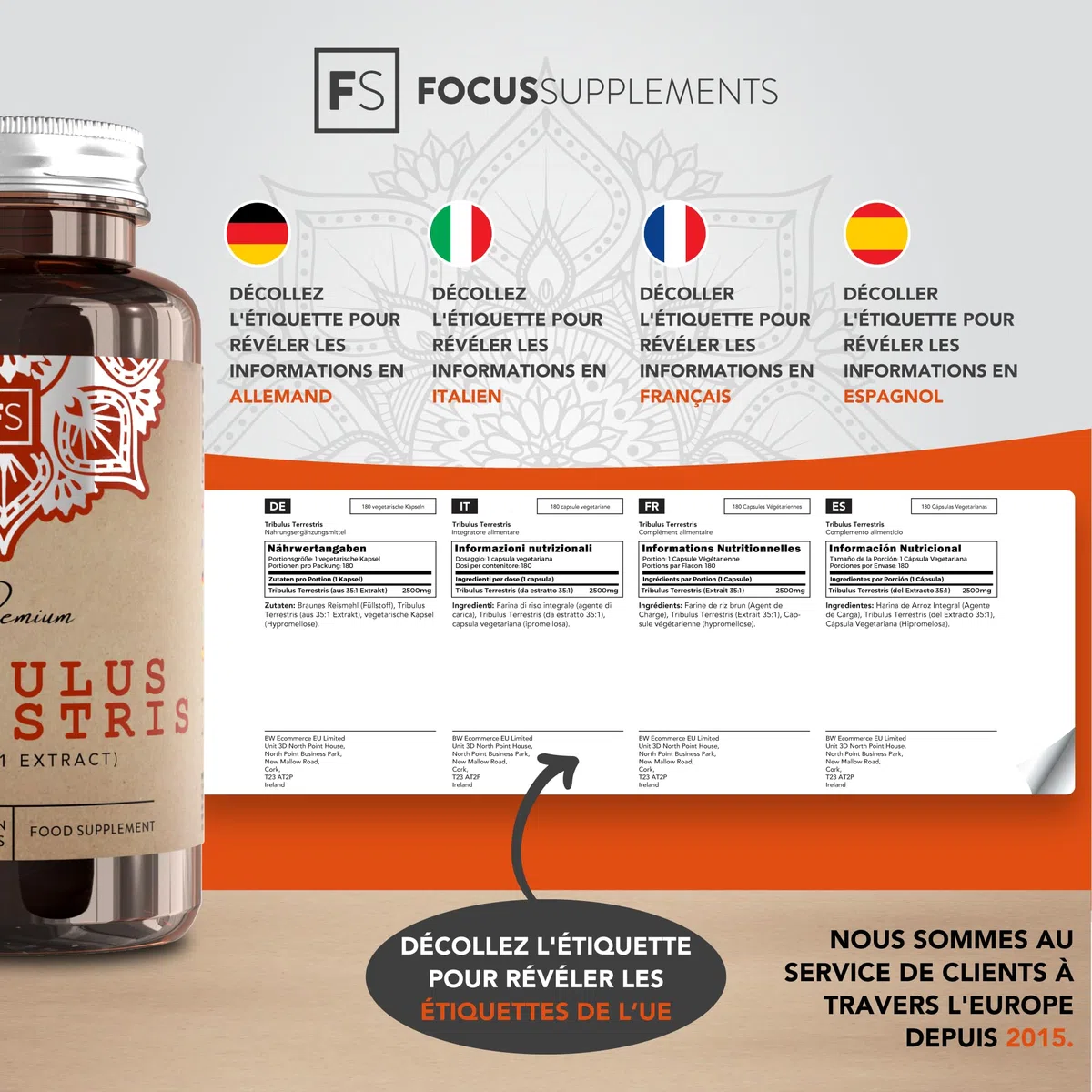 FS Tribulus Terrestris | 180 Capsules de Tribulus Terrestris Haute Teneur - 2500mg de Trib (Extrait 35:1) par capsule | Sans OGM Sans Gluten Sans Allergène | Fabriqué au Royaume-Uni