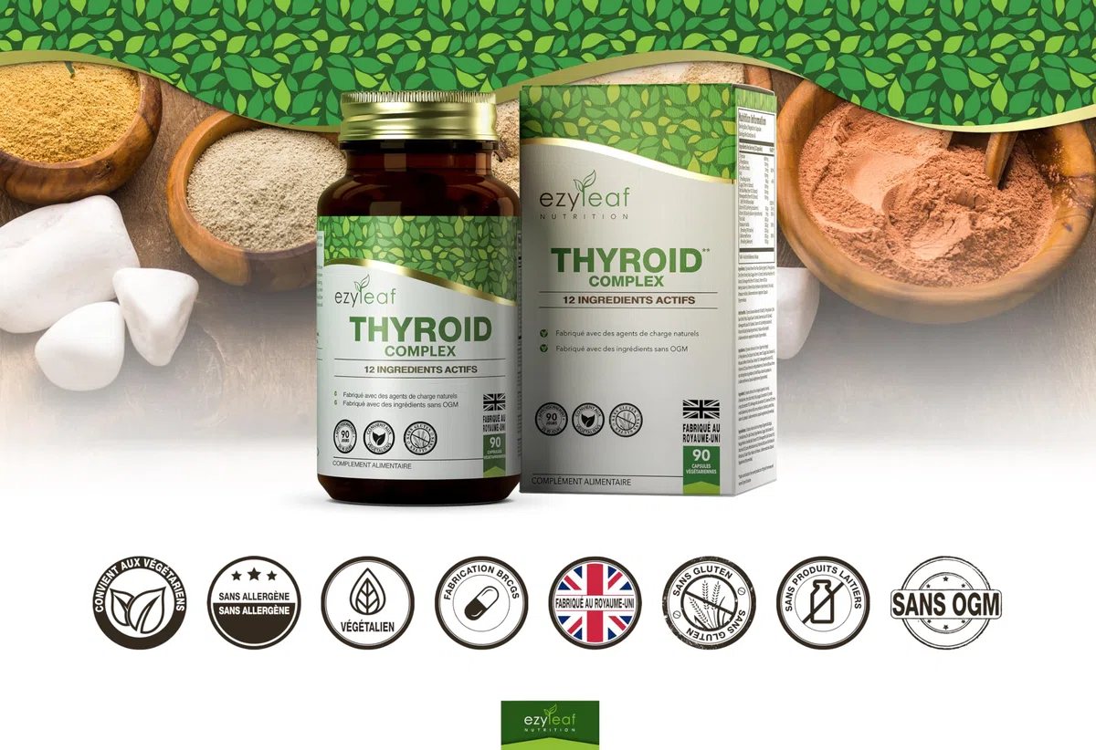 Ezyleaf Complexe Thyroïdien | Supplement Soutien Thyroïdien L Tyrosine Ashwagandha Phenylalanine Iode Zinc Varech Mousse de mer Iodure de Potassium Guggul Selenium | 90 Capsules | Certifié ISO au UK