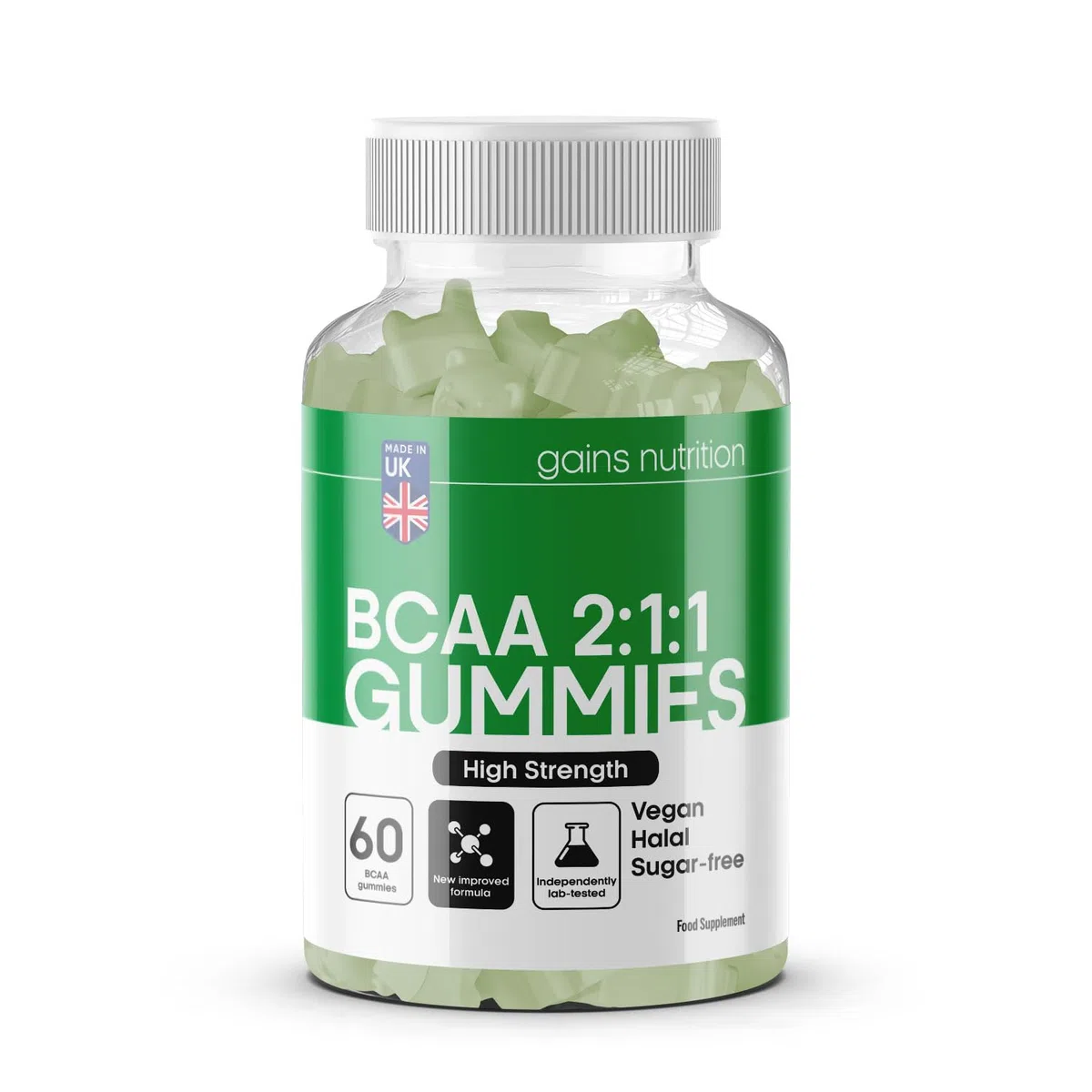 GN BCAA Gummies | 60 Gommes Acides Amines BCAA - 1000 mg Acide Aminé ramifié par portion - Complément L-Leucine L-Isoleucine L-Valine | Saveur pomme | Sans OGM Convient aux Végétaliens et Végétariens