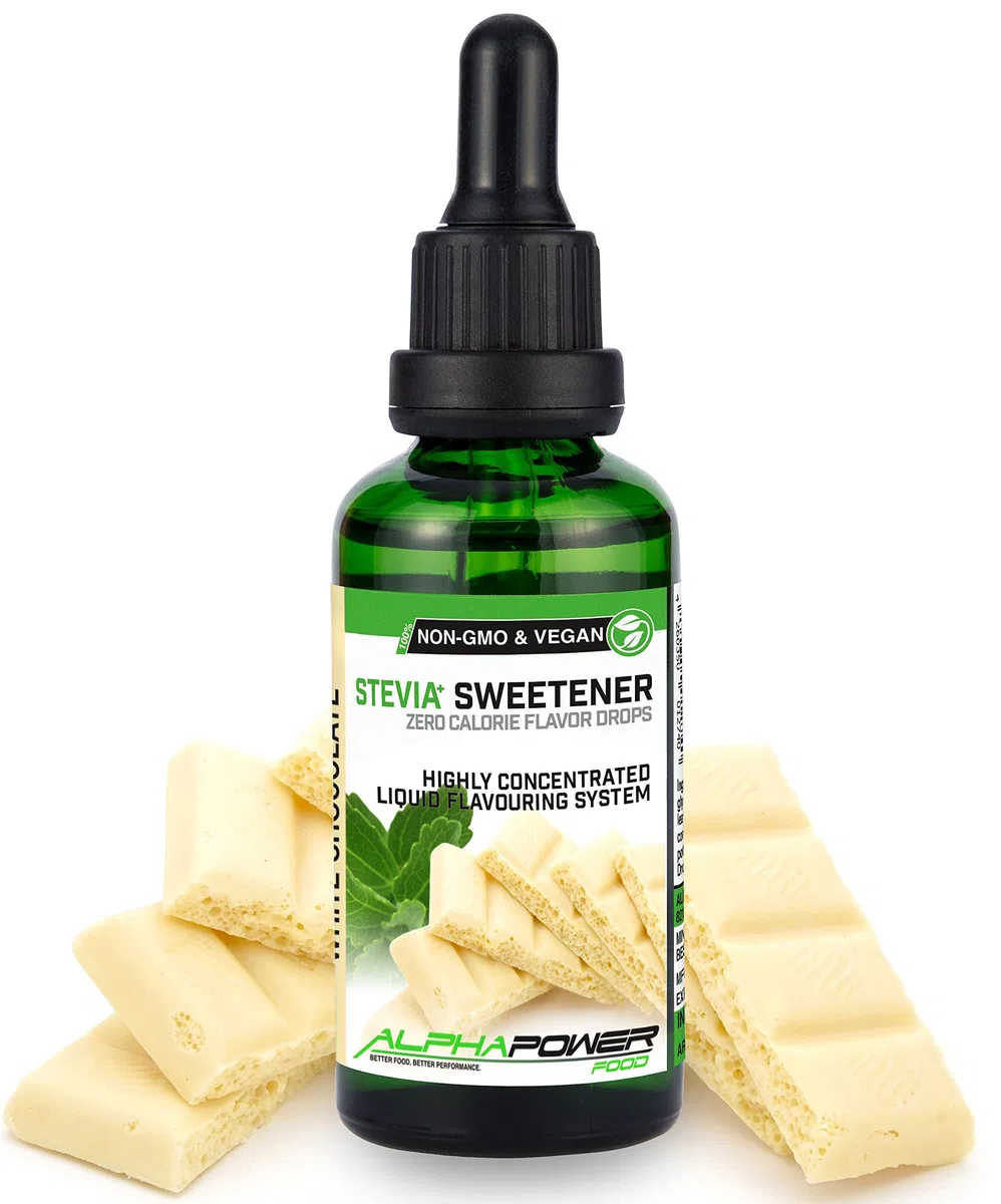 ALPHAPOWER FOOD Stevia liquide, arôme - SET SUPER ÉCONOMIQUE 5x50 ml chocolat blanc, biscuit au beurre, tarte aux pommes cannelle, Goût biscuit au chocolat et au beurre d'arachide, gâteau au fromage