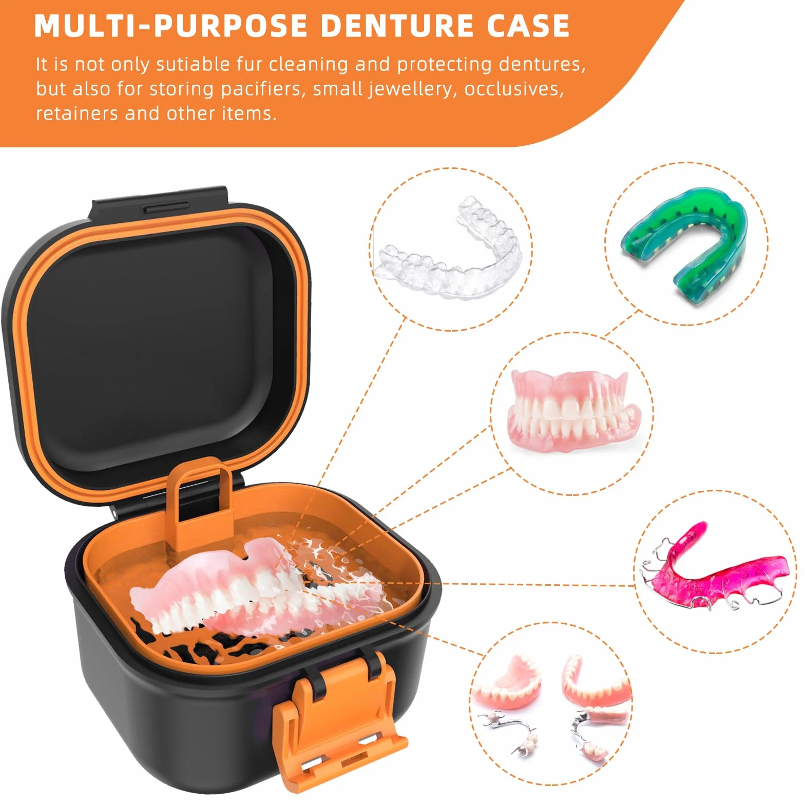 ARGOMAX Boîte de prothèse anti-fuite, boîte à prothèses dentaires portable avec tamis, pour prothèses dentaires et appareils dentaires (noir + orange).