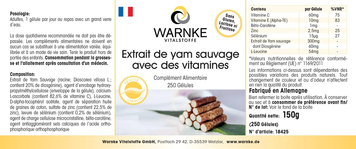 Igname Sauvage - Extrait - 250 gélules- Végétarien - 20% de diosgénine, vitamine C et E bêta-carotine, zinc et sélénium | Warnke Vitalstoffe - Qualité des pharmacies allemandes