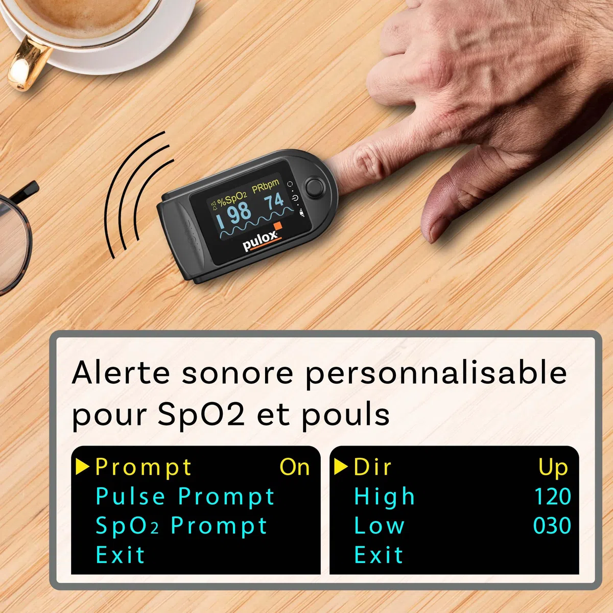 Pulox PO-200A Oxymètre de pouls avec alarme, son du pouls et set d'accessoires pour la mesure de SpO2, pouls et IP