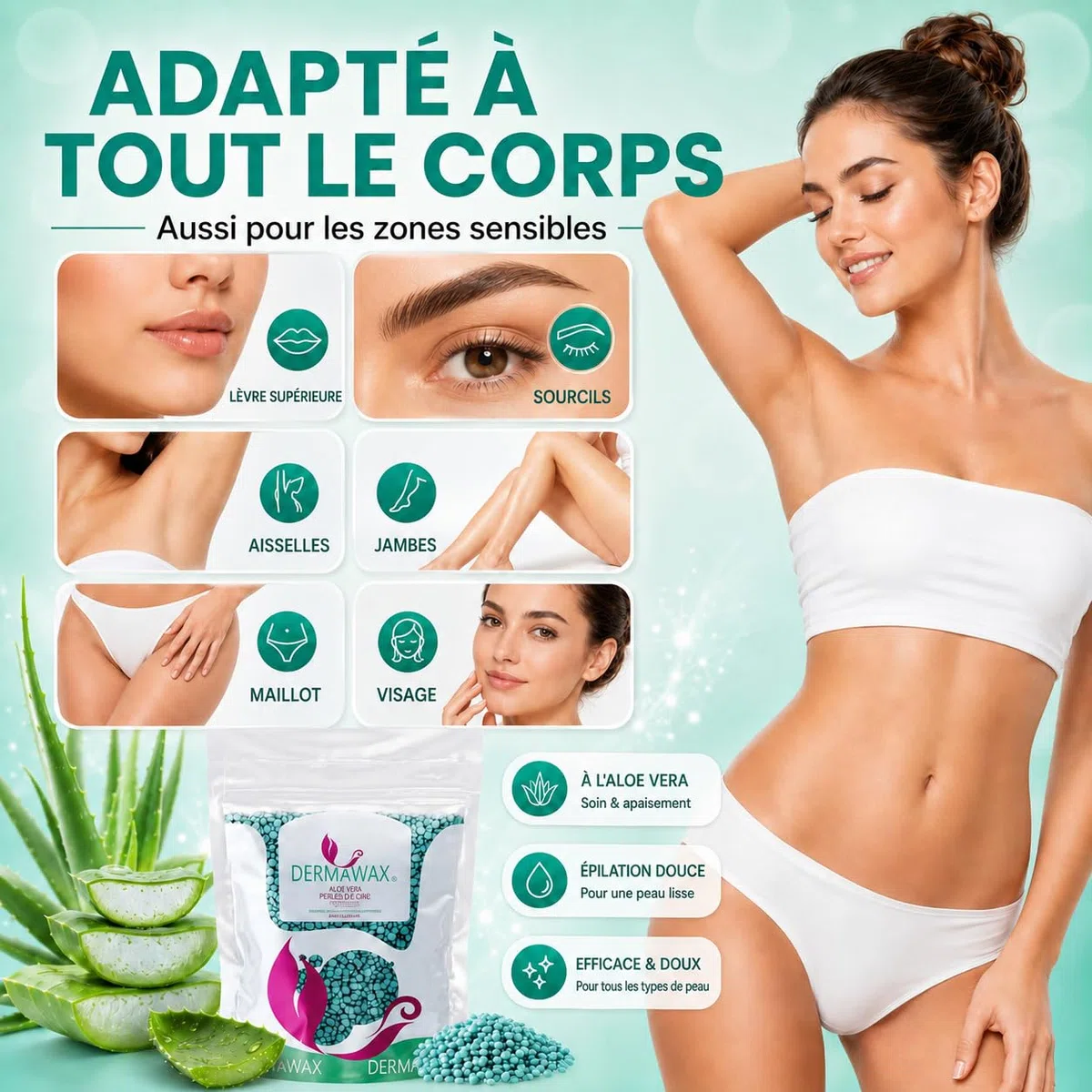 DERMAWAX Perles de Cire Chaude Épilation Sans Bande Aloe Vera 1 kg – Cire Pelable Professionnelle Basse Température, Application Multidirectionnelle – Made in Italy, Peaux Sensibles, Maillot, Visage