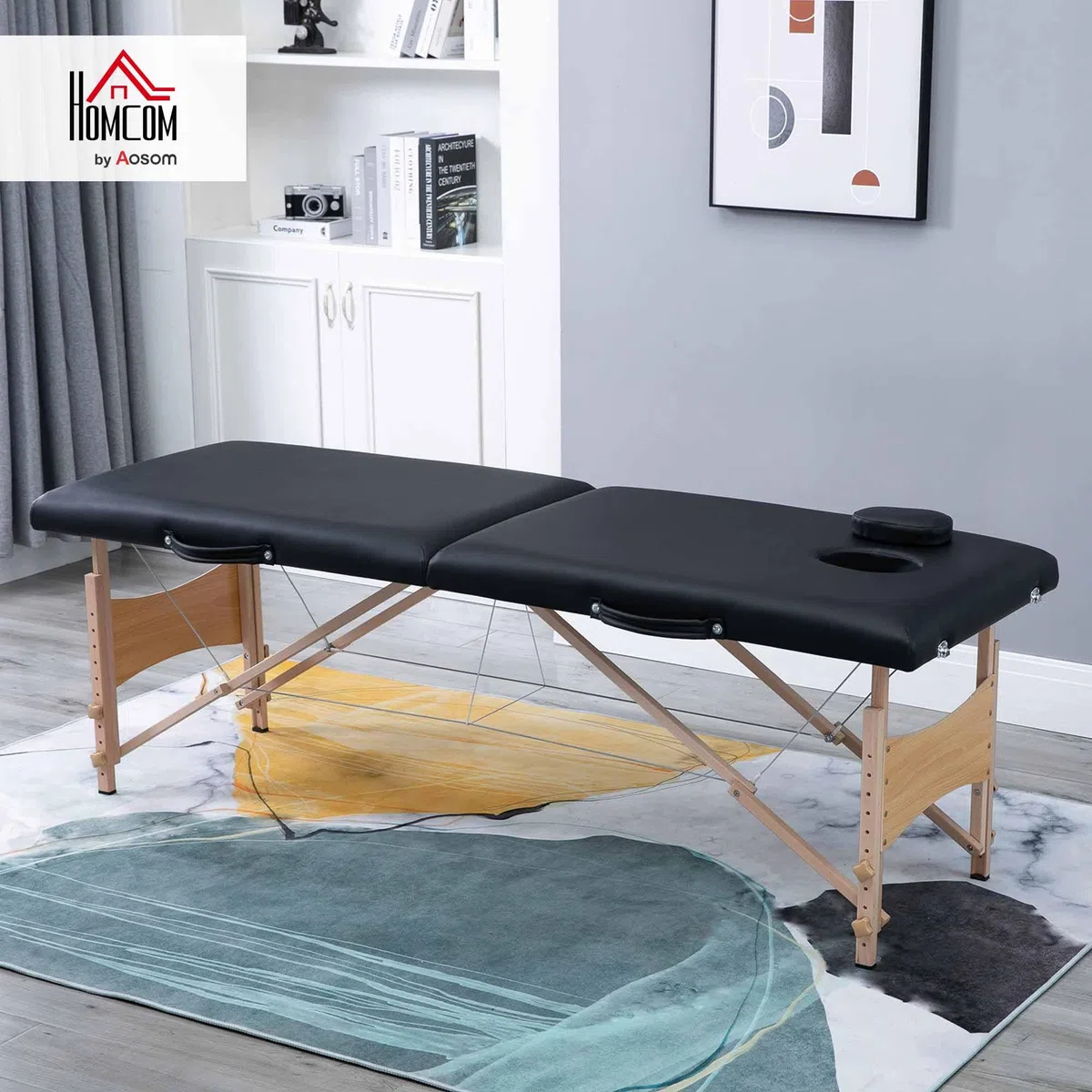 HOMCOM Table de Massage Pliante, lit de Massage 2 Zones 186 x 60 cm Portable, Hauteur réglable, Oreiller Facial Amovible, Table esthétique Tatouage en Bois de hêtre, Sac de Transport Inclus, Noir