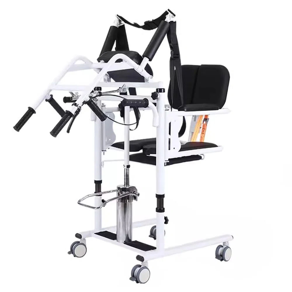 Chaise de transfert hydraulique pour patient avec position assistée, hauteur réglable de l'assise à la verticale, avec dossier haut doux et siège doux, fauteuil roulant pouvant supporter 136 kg pour