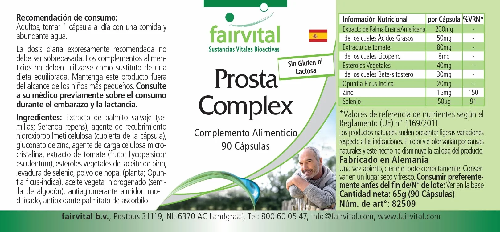 fairvital Complexe Prosta, VÉGÉTALIEN, HAUTEMENT DOSÉ, 90 gélules, avec sélénium, zinc, palmier nain, lycopène, bêta-sitostérol et opuntia
