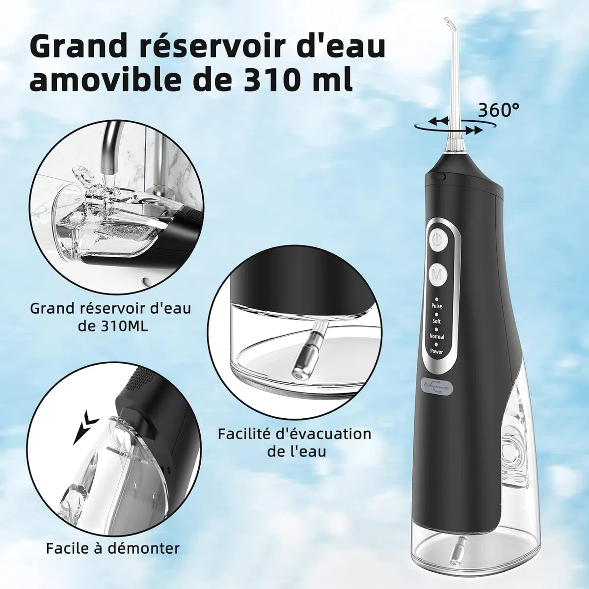Jet Dentaire Hydropulseur Portable, Jet Dentaire Sans Fil Rechargeable avec 4 Modes Capacité de 310 ml IPX7 Étanche H6