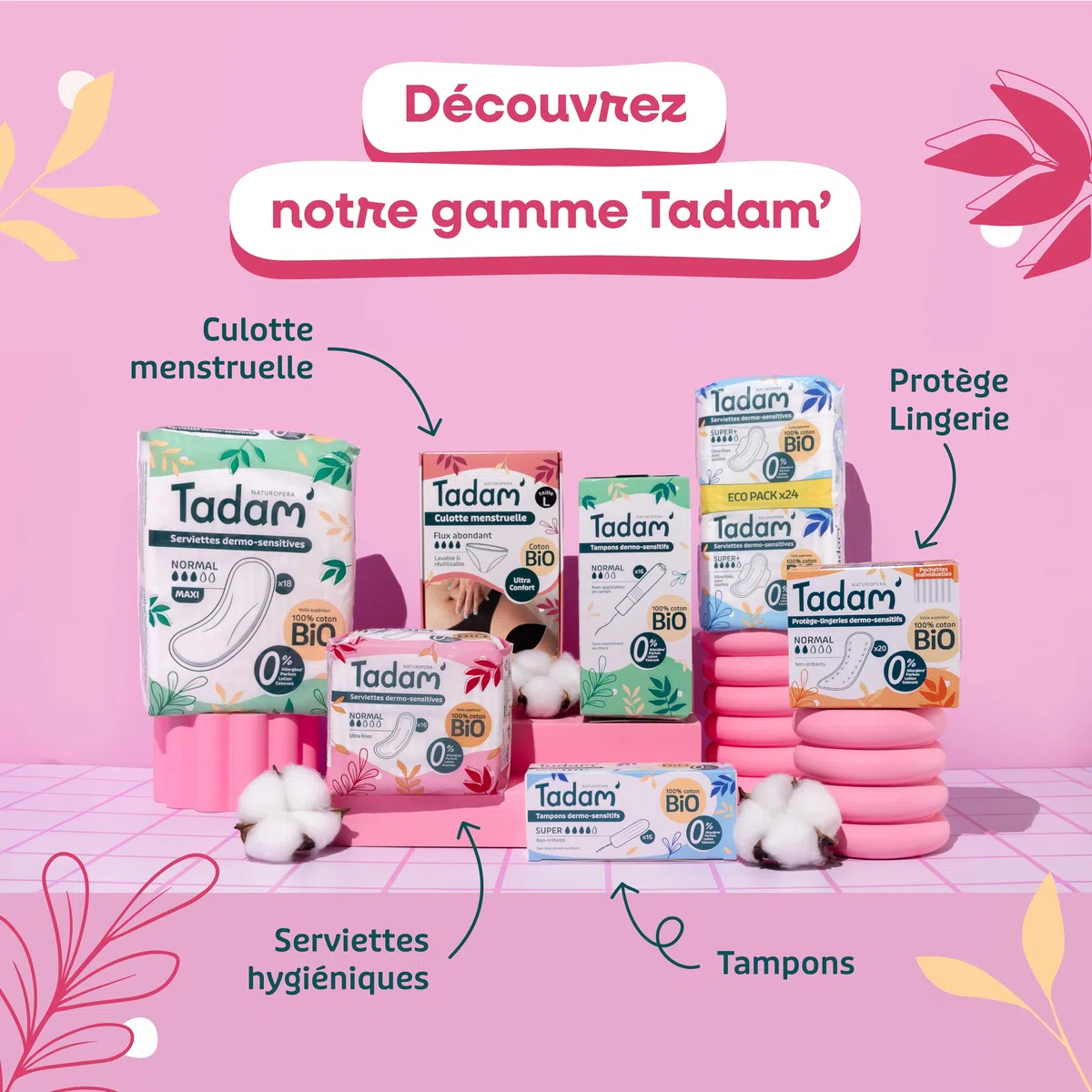TADAM' - Serviettes Fuites Urinaires - Protection Maxi Night - Enrichi en coton Bio - Sans substances toxiques - Sachet de 12 (Lot de 4)