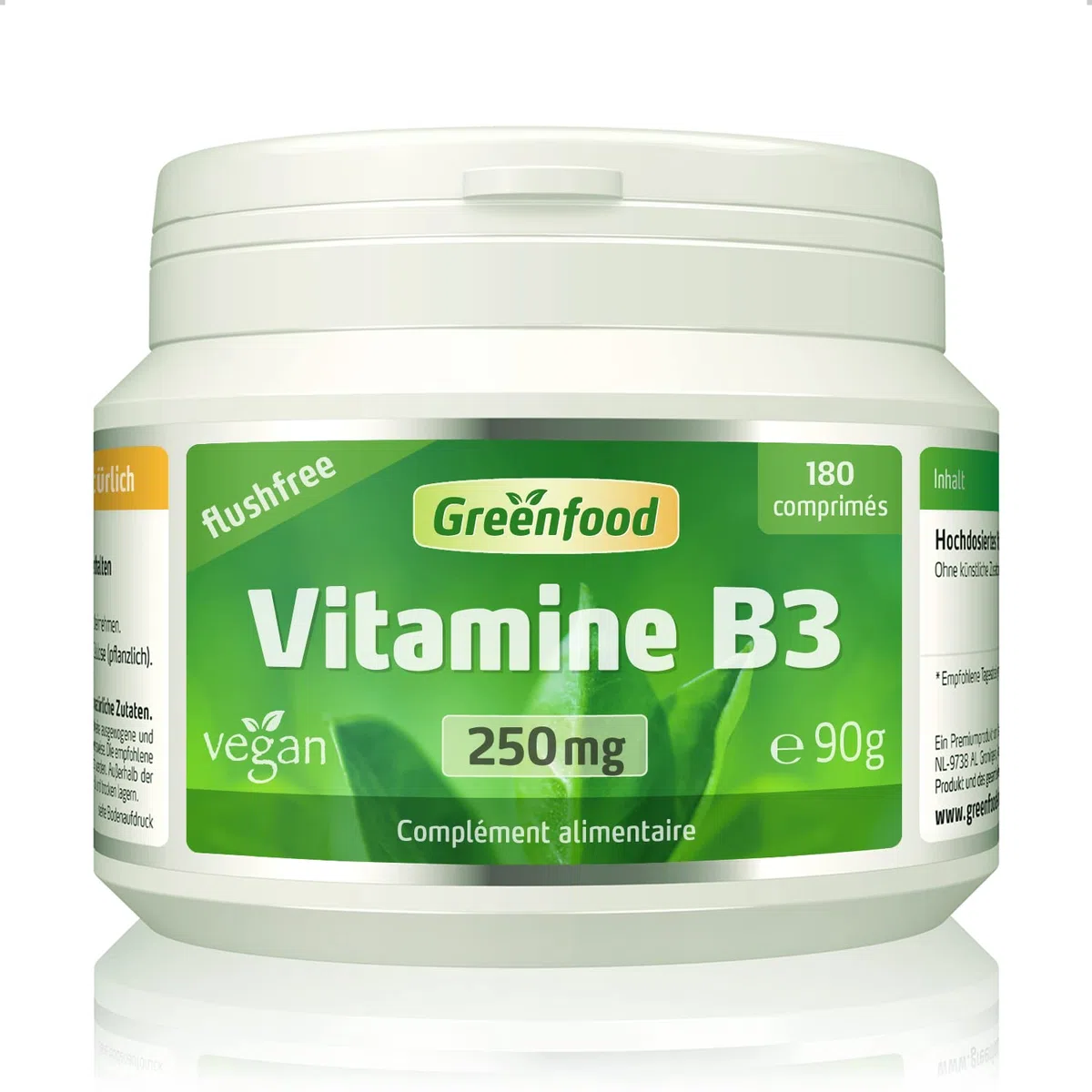Greenfood Vitamine B3, flushfree, 250 mg, dose élevée, 180 comprimés, vegan - pour le fonctionnement normal du système nerveux SANS additifs artificiels. Sans organisme génétiquement modifié.