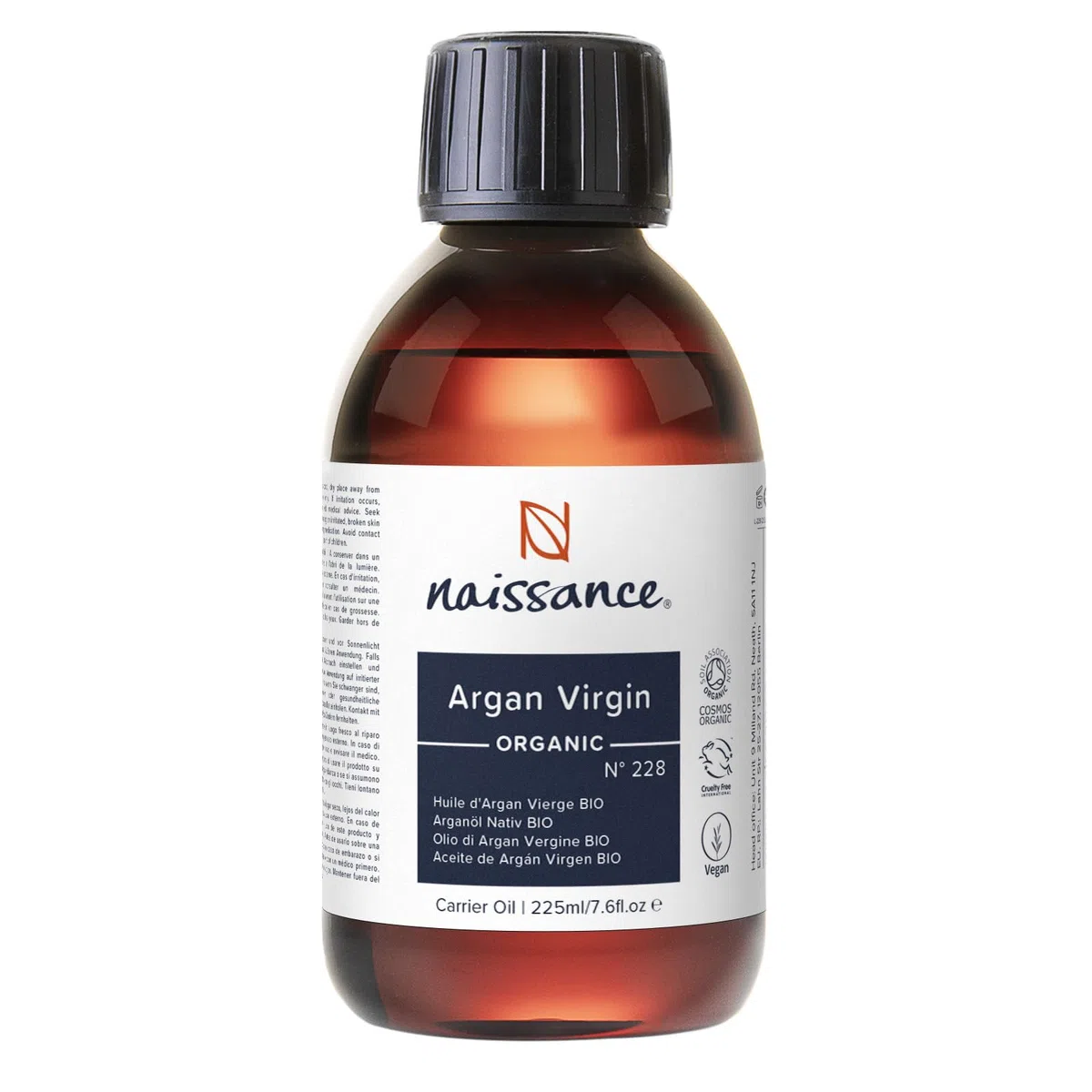 Naissance Huile D’Argan Végétale Du Maroc BIO (No. 228) 225ml - pour Cheveux Secs Ou Bouclés, Visage, Corps, Barbe - Pressée À Froid - Cosmétique Anti-Âge Antioxydante