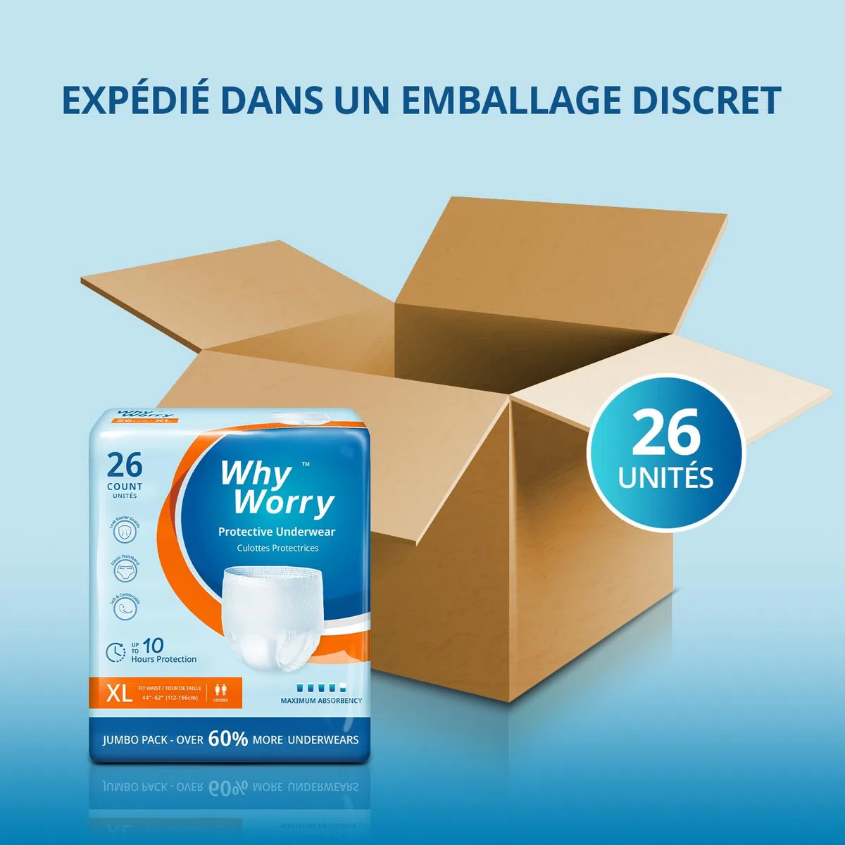 WhyWorry Culottes Incontinence pour Homme et Femme, Couche Culotte Adultes pour Fuites Urinaires, Slips Absorbants Jetables, Contrôle des Odeurs, Anti-fuites, Unisexe, Taille XL, 26 Unités