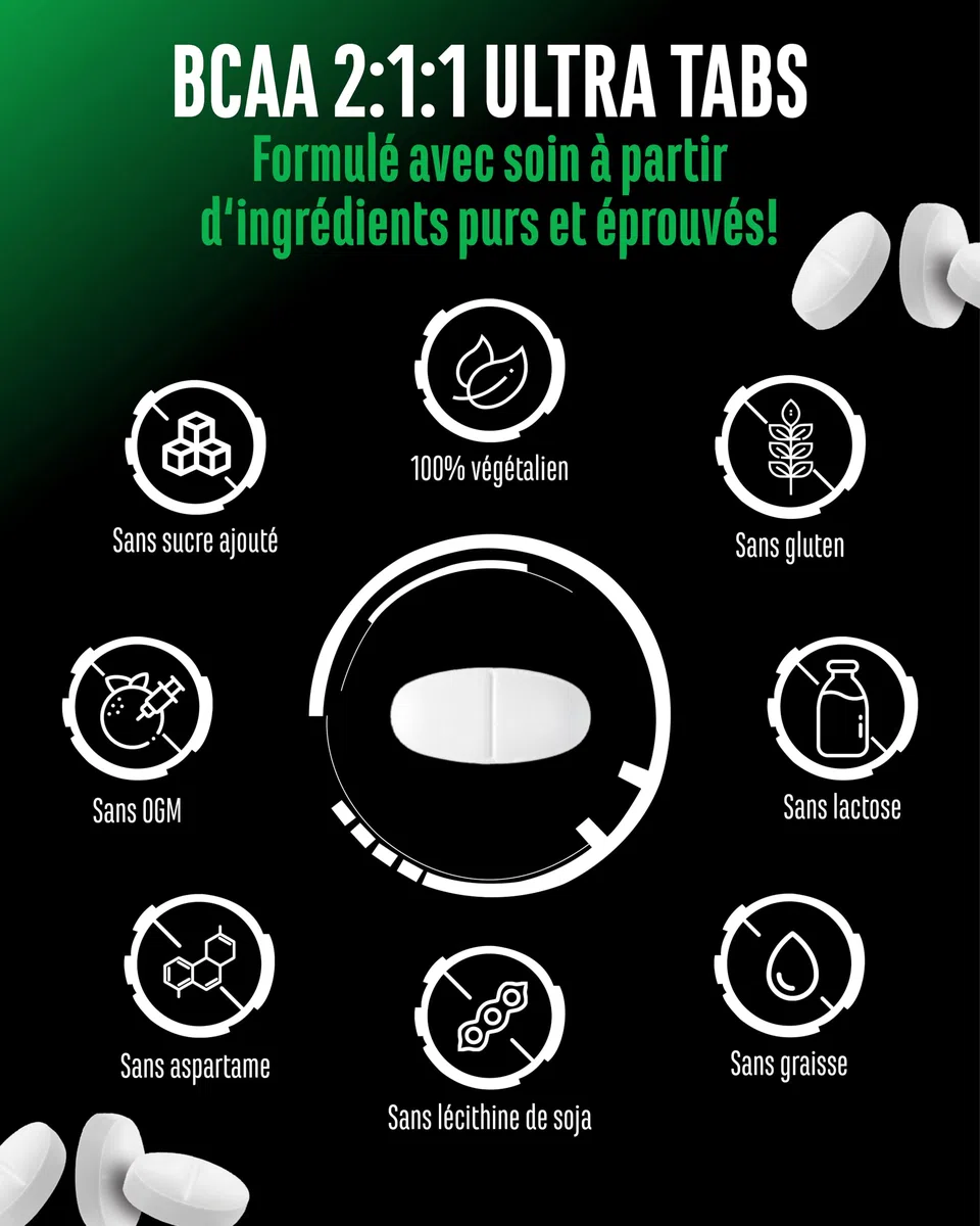 BCAA Ultra Tabs - 365 Comprimés avec 1000 mg de BCAA par Comprimé - Ratio Optimal 2:1:1 - Complexe d’Acides Aminés à Base de Leucine, Isoleucine & Valine - Vegan