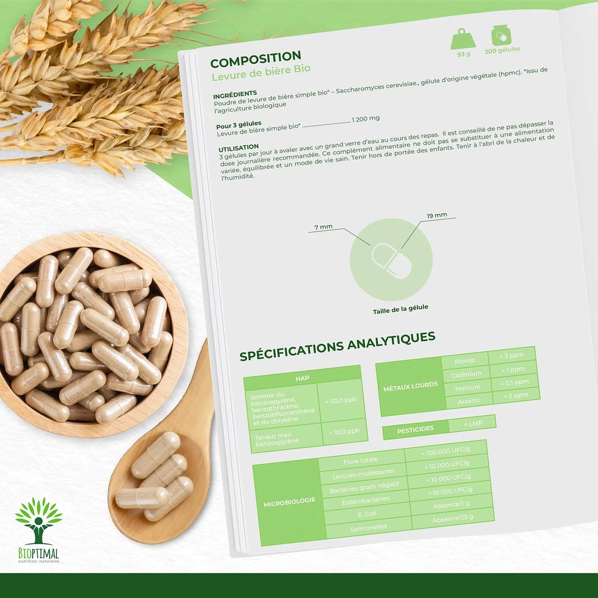 Levure de Bière Bio Revivifiable - Bioptimal - Complément alimentaire - Vivante & Active - Peau Cheveux Ongles - Digestion Transit Probiotique - Fabriqué en France - Certifié par Ecocert - 200 gélules