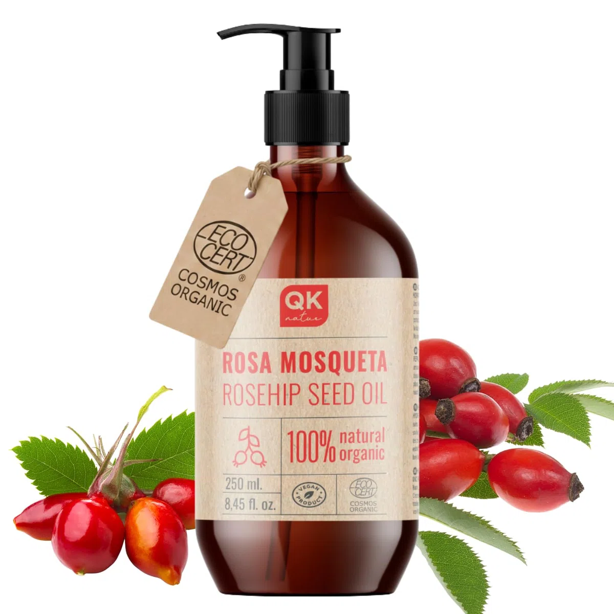 QKnatur - Huile de Rose Musquée 100% Naturel Bio Vegan - 250 ml - Cicatrices et Vergetures - Anti-rides Anti-âge - BIO - Pressée à Froid