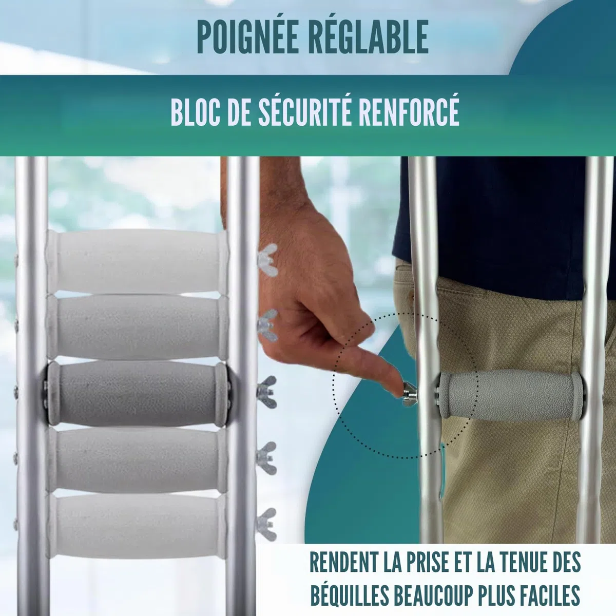OrtoPrime Béquilles Médicales Adultes x2 – Béquille Médicale Réglable en Aluminium Léger – Canne Anglaise Confortable pour Femme & Homme – Béquilles Orthopédiques Sécurisées