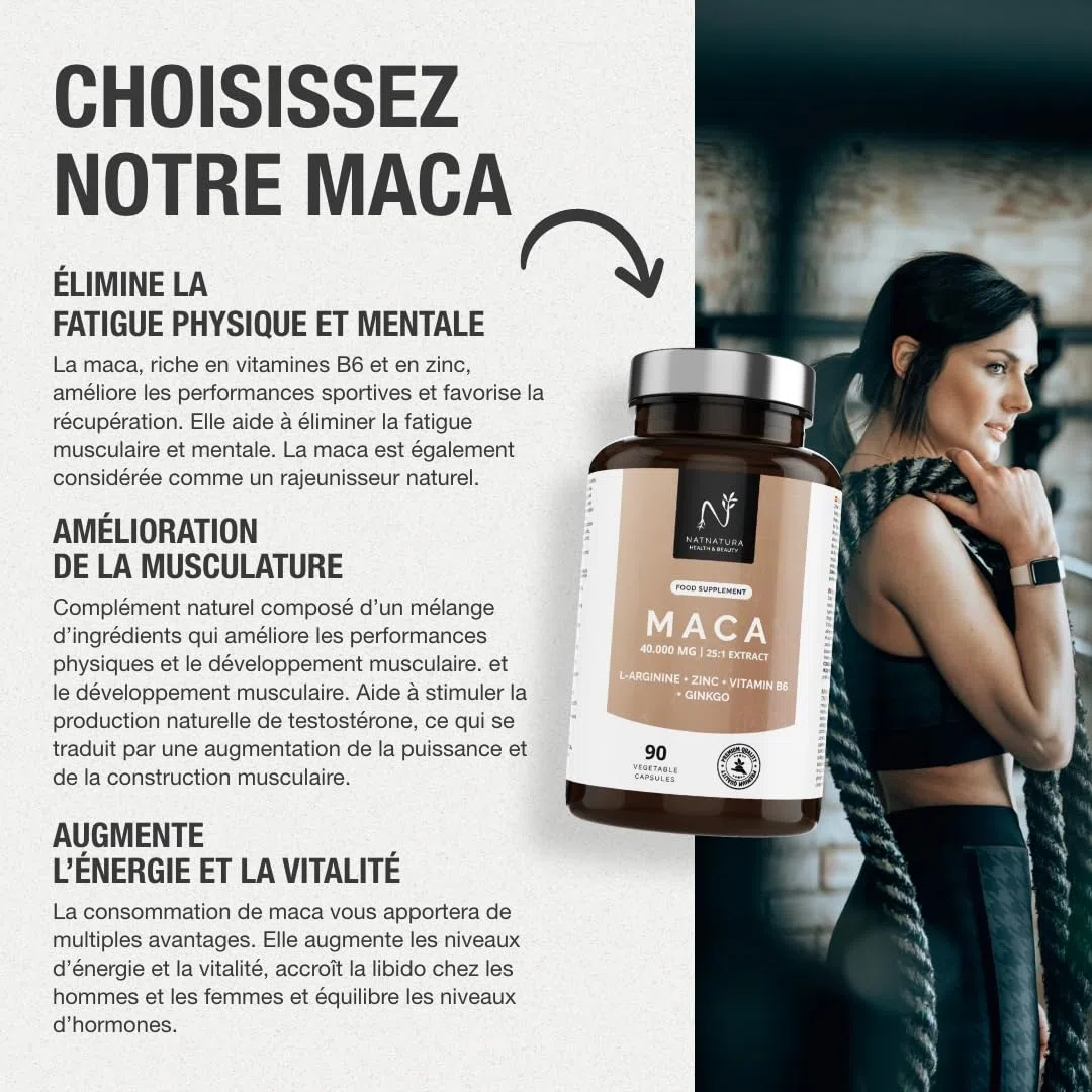 Maca Andina Ultra Concentrée 40.000 mg/jour 25:1 | L-Arginine, Zinc, Vit. B6 & Ginkgo – Énergie, Vitalité & Puissance Personnelle | 90 Capsules