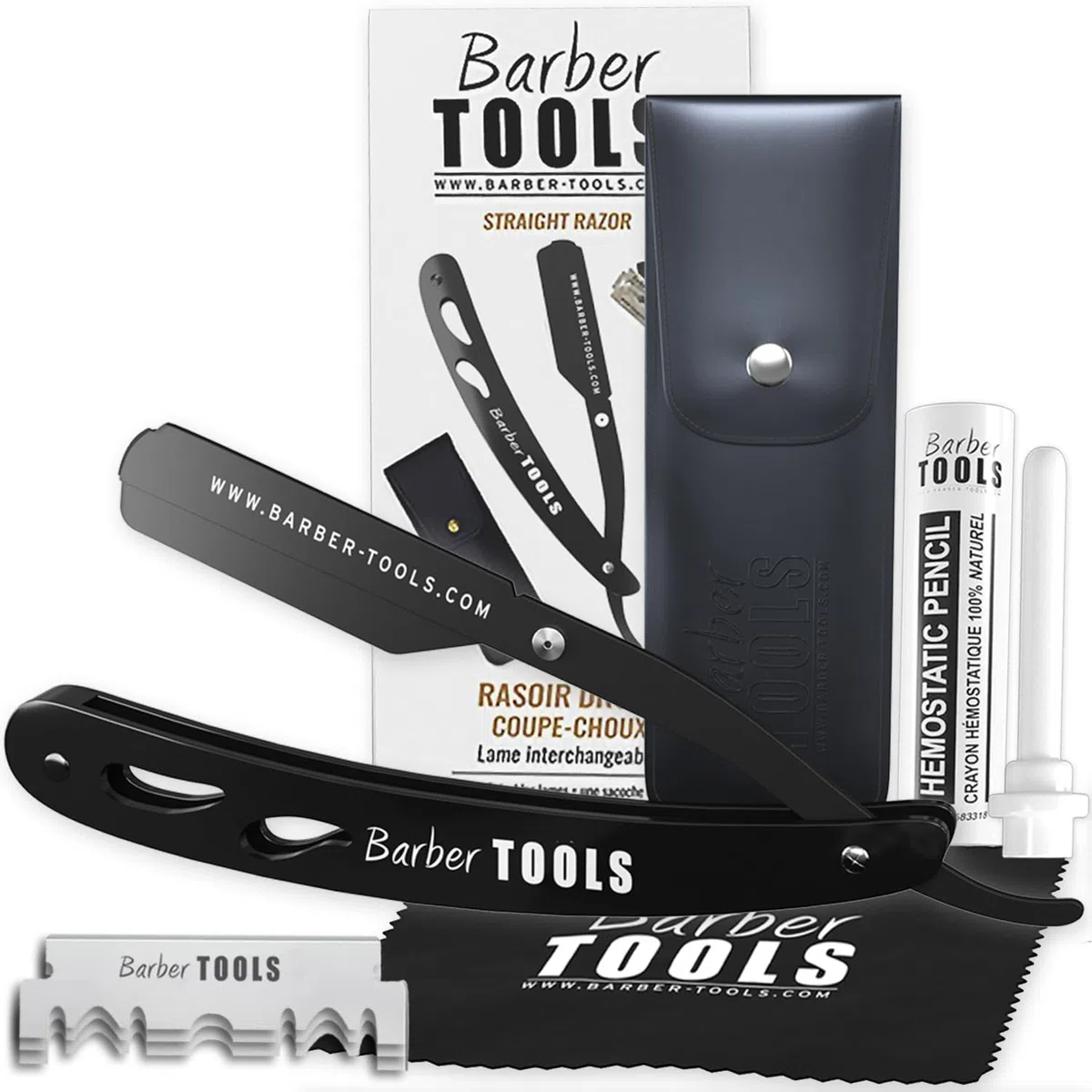 Kit Rasoir barbe homme/coupe choux barbe - avec 50 Lames Simples + Peigne guide + Gel de rasage transparent 80ml + Après rasage 30ml + Stick d'alun + Grand sac -NOIR- BARBER TOOLS