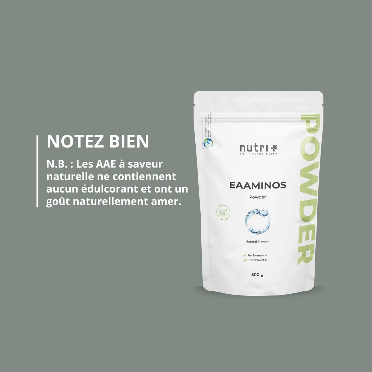 Nutri + Eaa 9 acides aminés poudre - Poudre d'EAA Neutral 500g - Haute dose - AAE instantanés goût neutre sans édulcorants, additifs & goût artificiel - Vegan Essential Aminos
