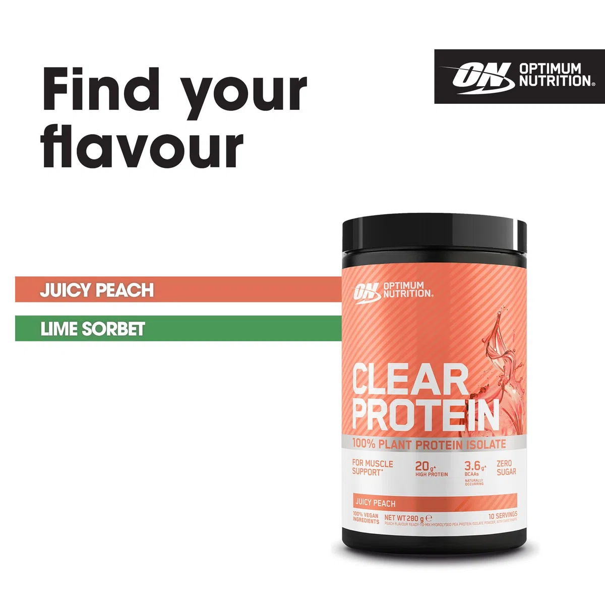 Optimum Nutrition Clear Protein 100% Isolat de Protéine Végétale, Goût Pêche Juteuse, 280g, 10 Doses