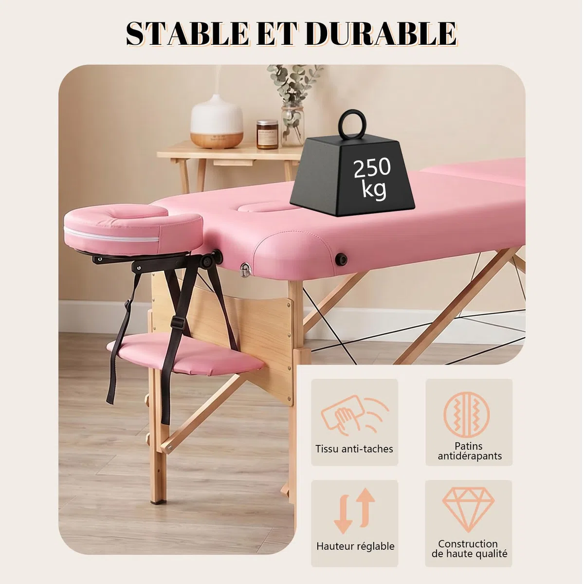 kidol&shellder Lit de Massage 70cm, Pliable Portable, 250kg capacité, 9cm Rembourrage PU, Sac de Transport, Appui-tête Amovible, Rose