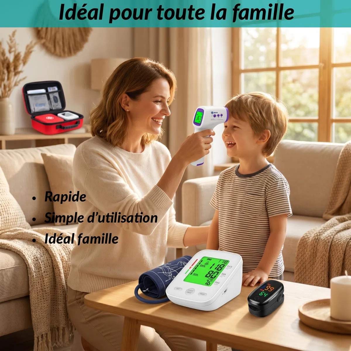 Tensiomètre Bras Électronique + Oxymètre de Doigt + Thermomètre Frontal – Kit Santé à Domicile 3en1 avec Mallette Rigide – Grands Écrans – Pack Surveillance Tension & Température– Seniors & Famille