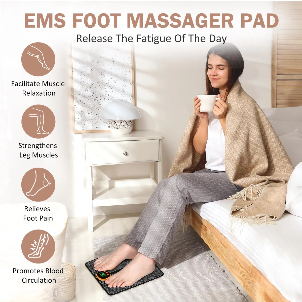 Masseur de Pieds EMS Portable, Tapis Masseur des Pieds Électrique Pliable avec 8 Modes et 19 Niveaux d'Intensité, pour Circulation Sanguine et Relaxation Musculaire