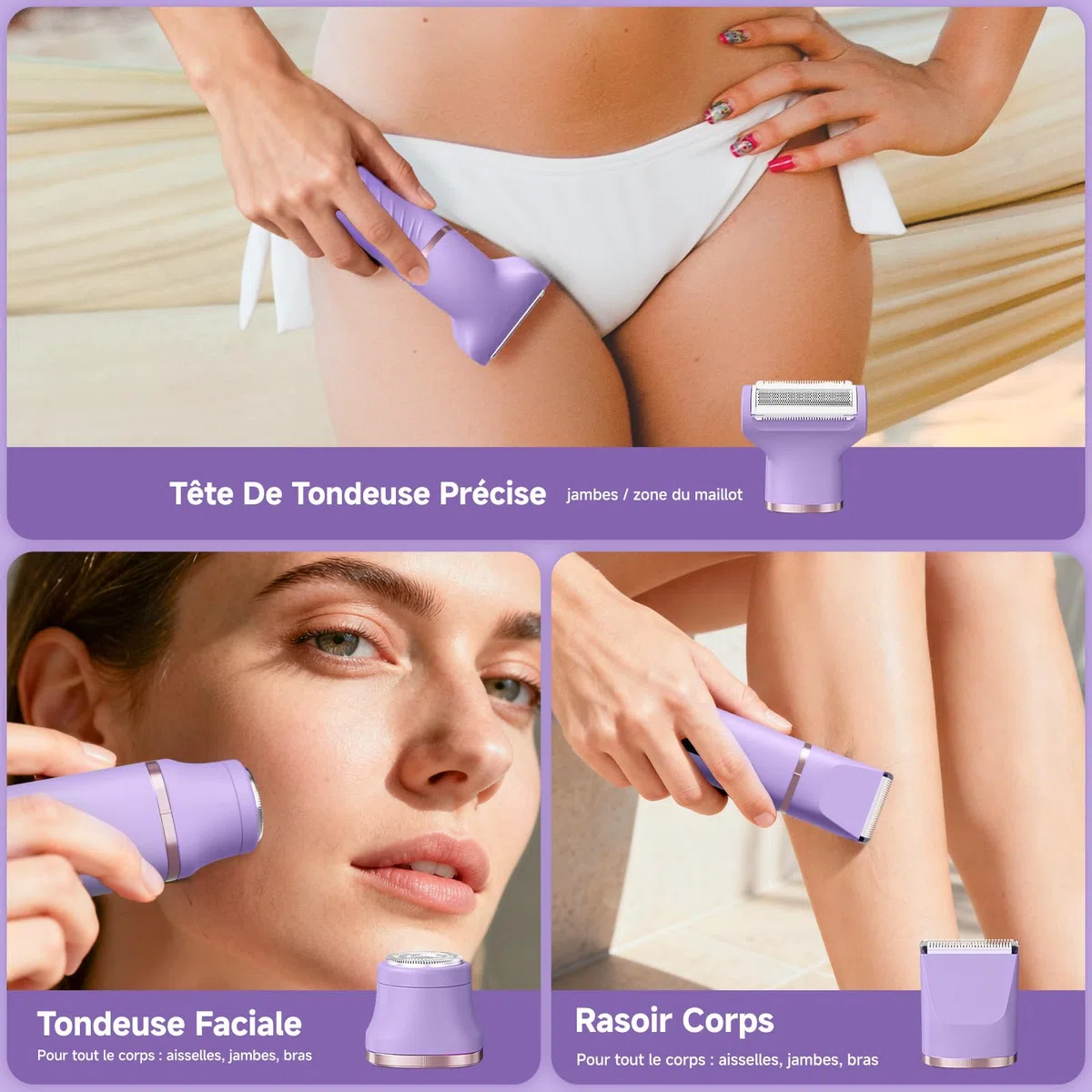 Tondeuse Femme Intime Maillot, Rasoir Électrique Femme 3-en-1, Rasoir Femme sans Douleur, Épilateur Visage et Corps Étanche avec Écran LCD pour Jambes, Bras, Aisselles