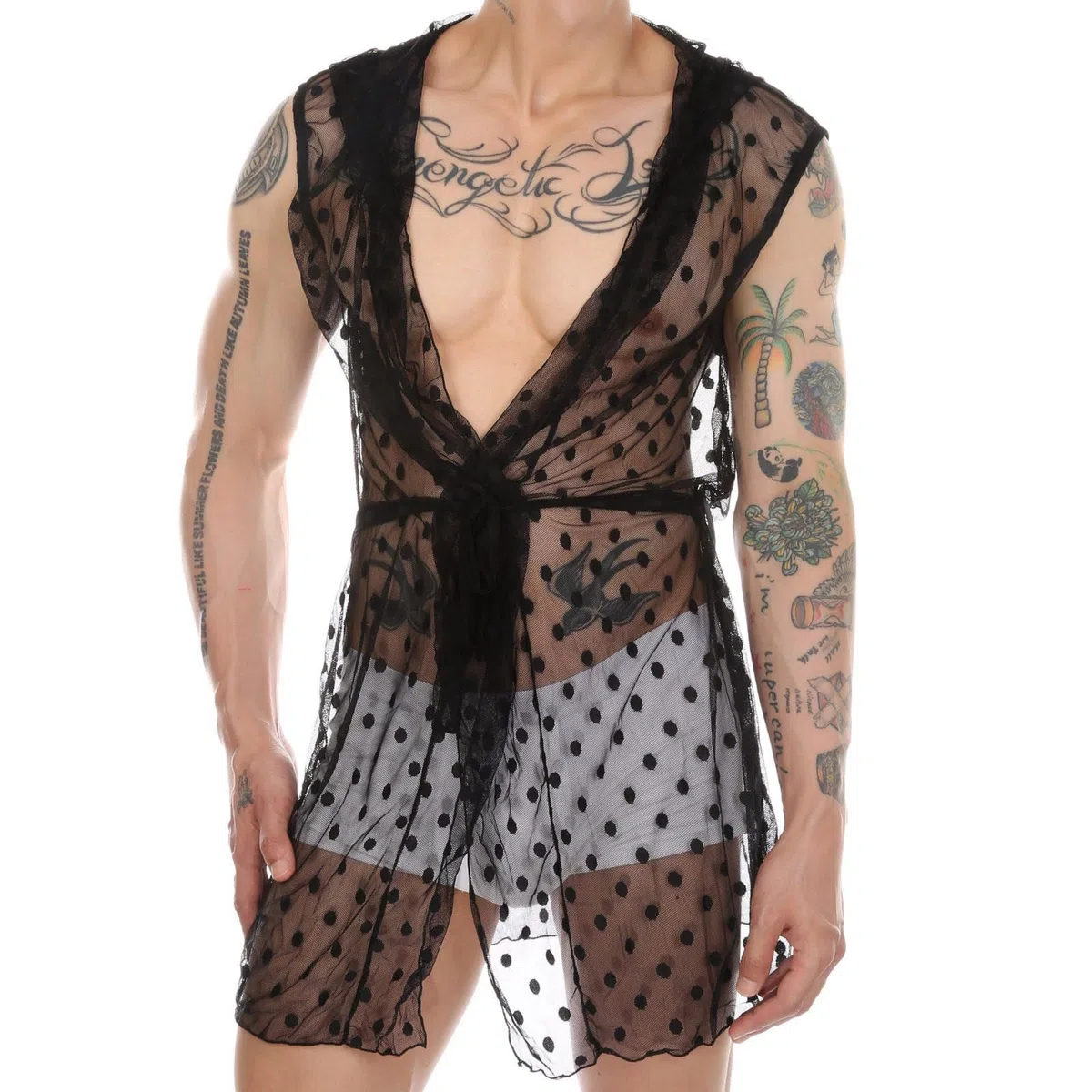 Robe de chambre longue en dentelle pour homme - Lingerie sexy - Chemise transparente - Veste sans manches - Débardeurs - Vêtements de nuit en maille - Sous-vêtements - Chemise en maille