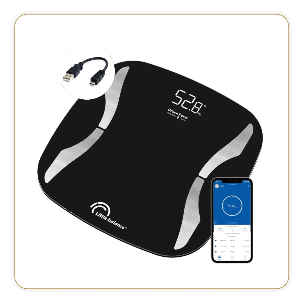 LITTLE BALANCE 8651 Soft 4 USB-R, Impédancemètre connecté sans pile, Rechargeable USB, Réparable, 180 kg, Noir