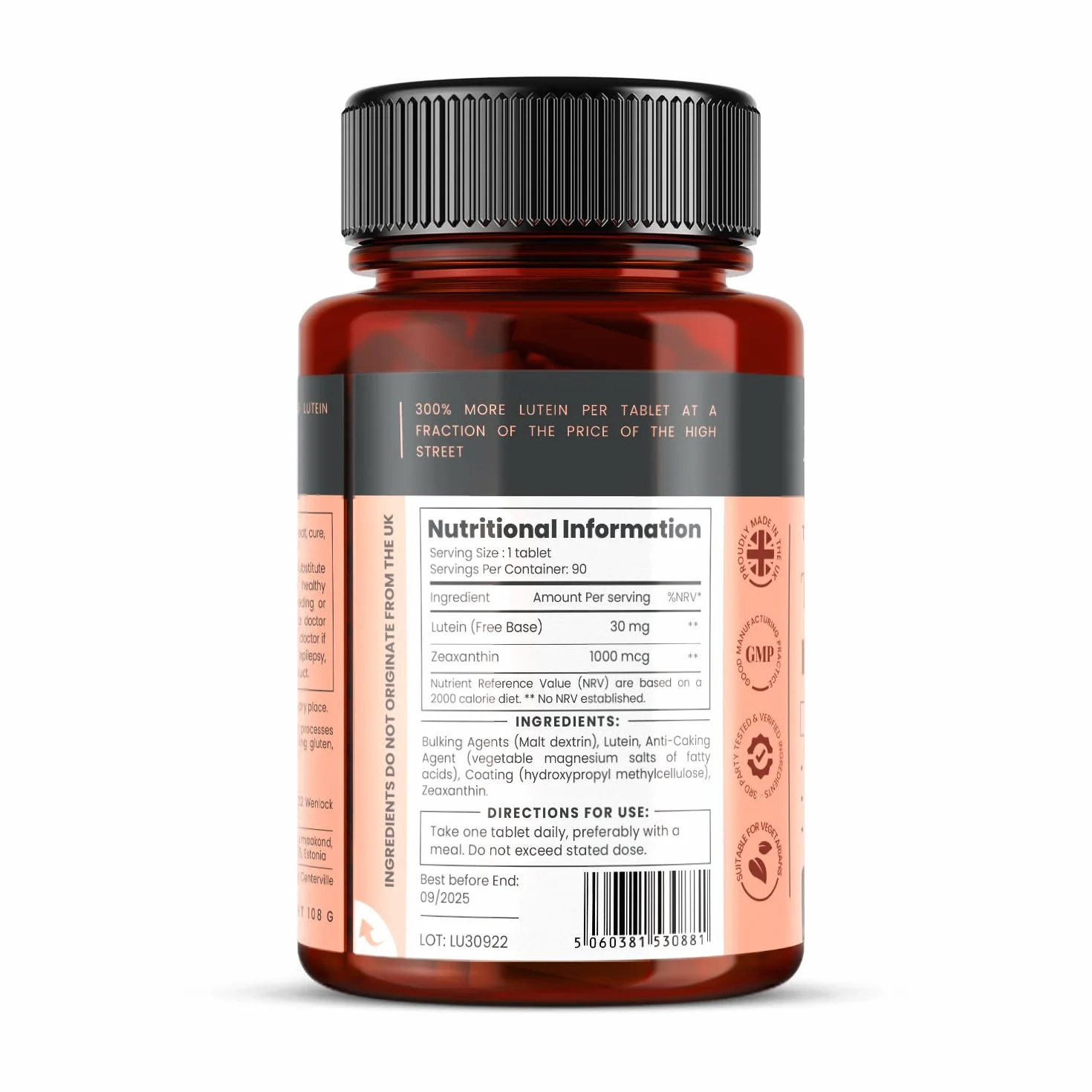 Triple Force Lutéine 30 mg x 90 comprimés. Avec 1000 mcg de Zéaxanthine - Fourniture de 3 mois.