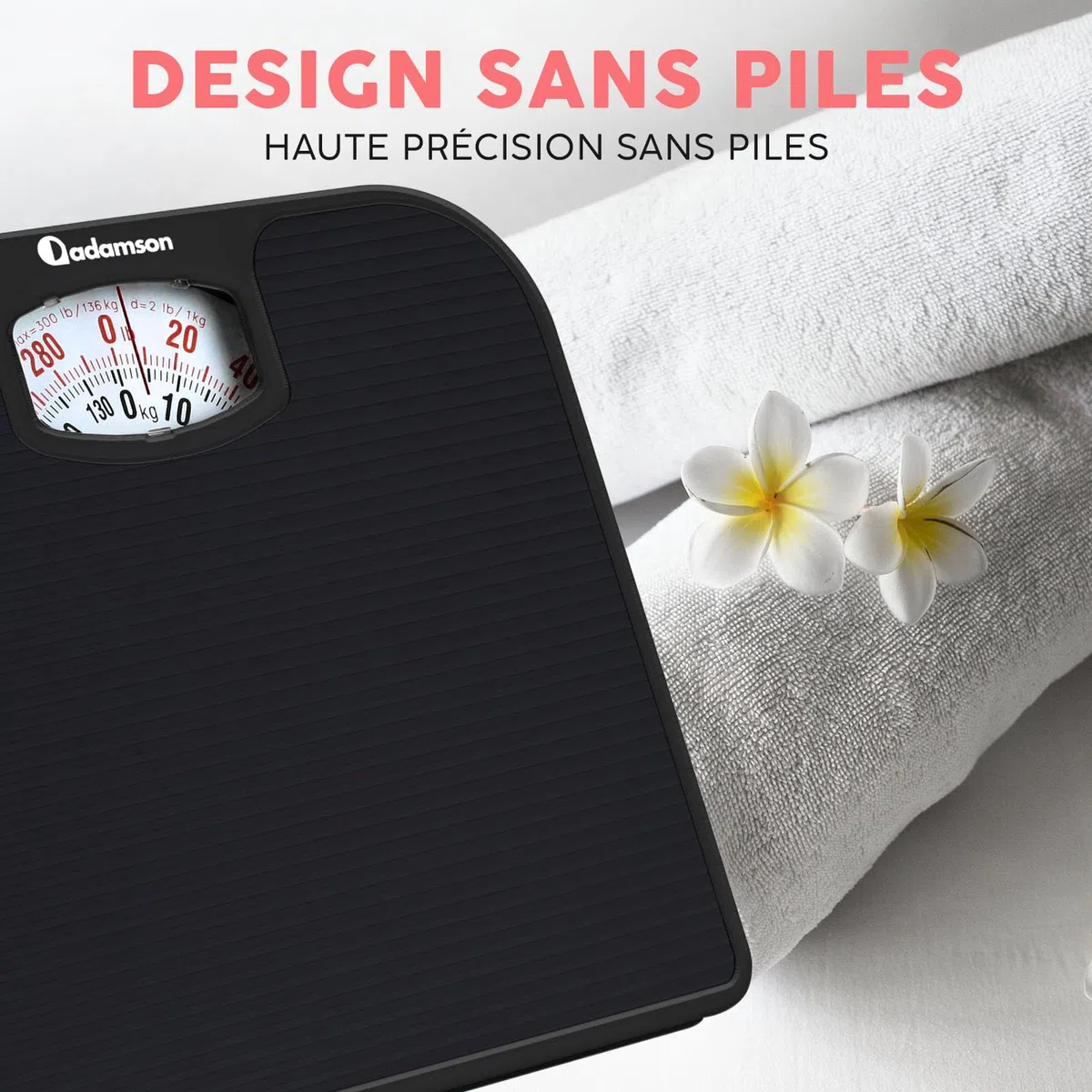Adamson A21 Pese Personnes Mecanique Pour Poids Corporel- Jusqu’à 136 KG - Surface en Caoutchouc Antidérapant - Pese Personne Analogique - Durable 20 Ans de Protection - Noir Intégral