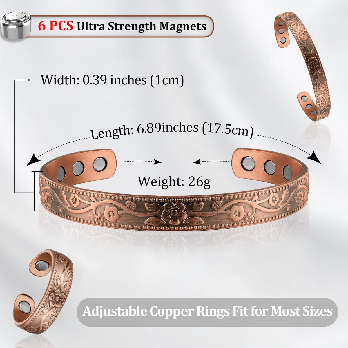 BioMag Bracelet magnétique en cuivre pour femme - Aimants 3800 Gauss - Réglable - Motif floral élégant (motif floral)