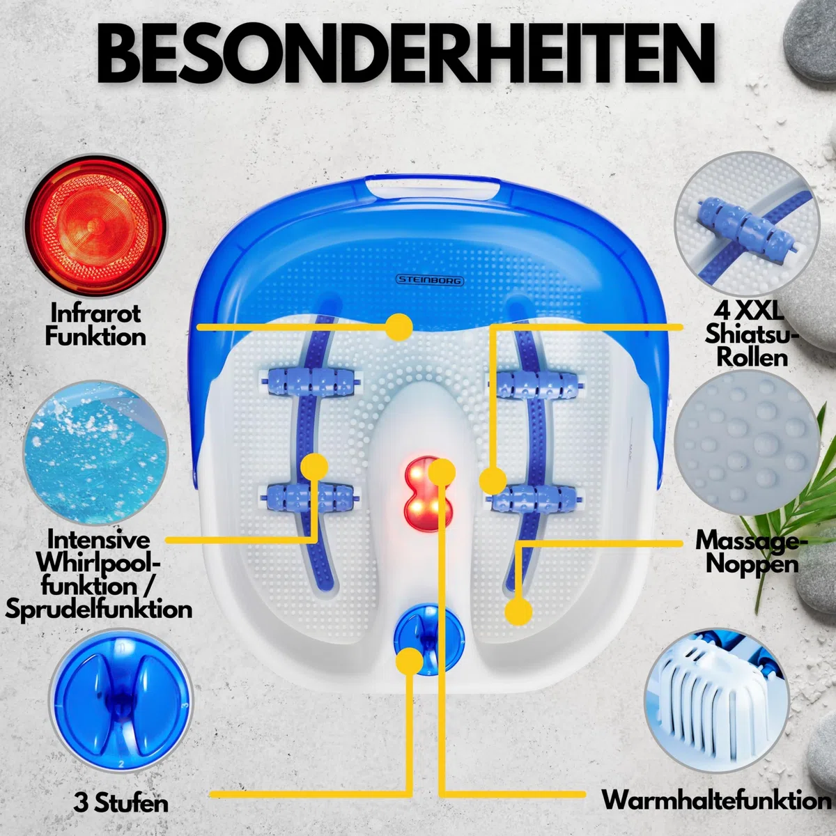 Bain bouillonnant pour les pieds | Massage des pieds | 4 pieds – Zones de réflexologie – Massage | Effet jacuzzi | Chaleur infrarouge | Massage thermique pour pieds | Appareil de massage des pieds |