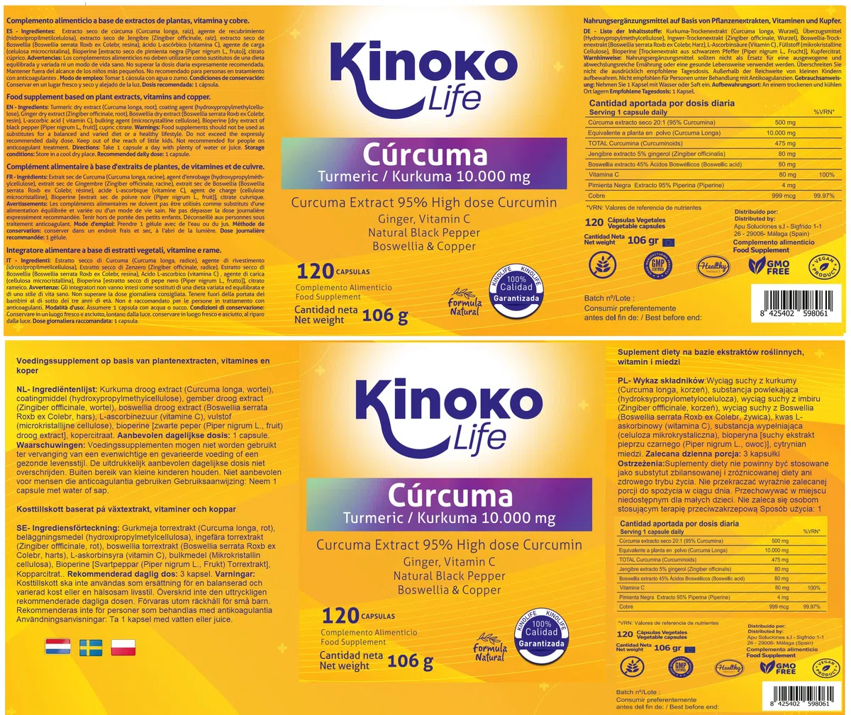 CURCUMA 10000 mg .120 gélules Curcumine pure 95% d'extrait .Gingembre, Poivre noir, Boswellia, Vitamine C et Cuivre | Hautement résorbable | Full Complex