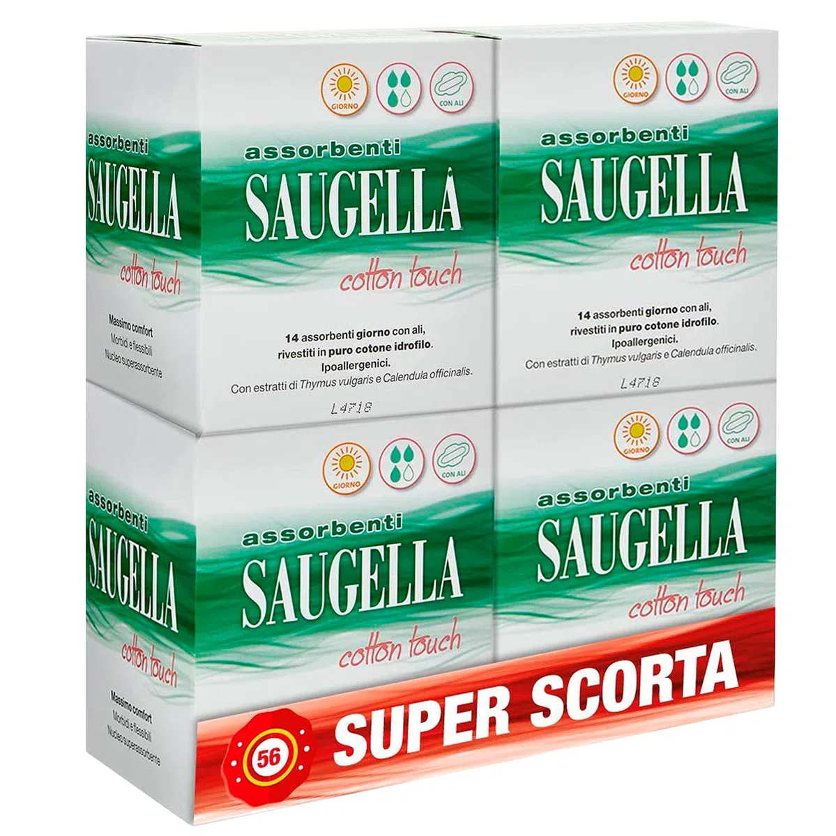 Saugella Saugella Cotton Touch Lot de 56 serviettes hygiéniques pour extérieur, jour à action anti-odeurs avec ailes en coton hypoallergénique, 80 g