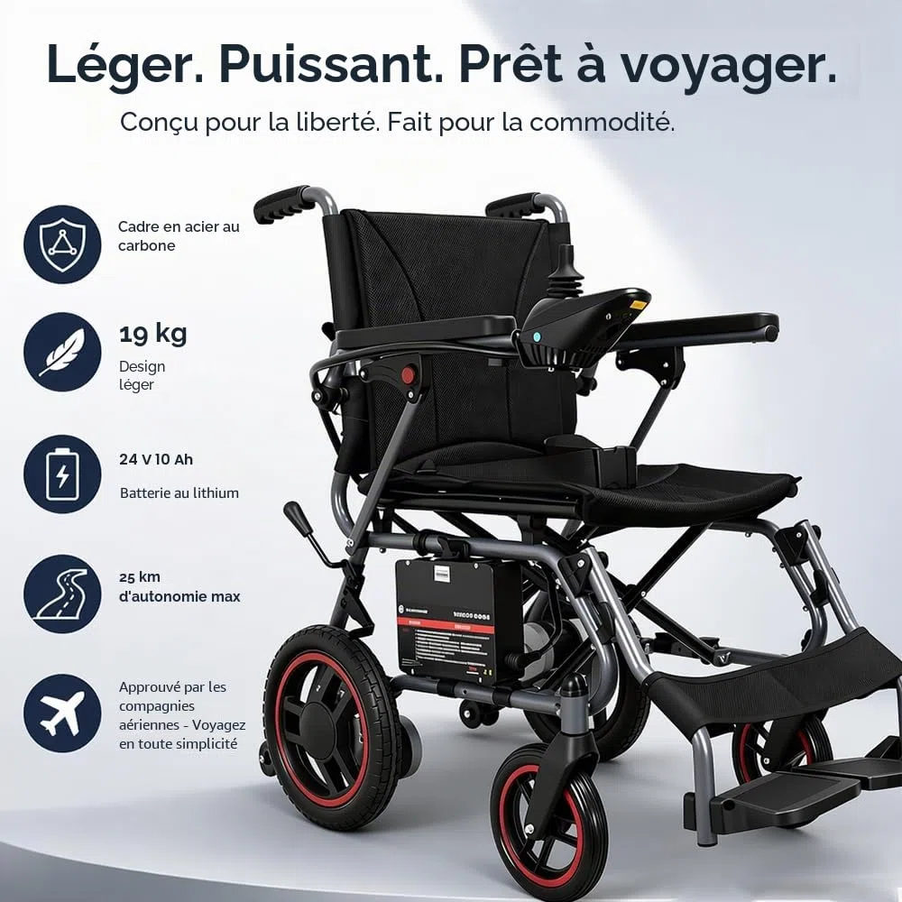 19kg Fauteuil roulant électrique pliable pour adultes, autonomie de 20 km, Fauteuil Roulant Électrique Tout-Terrain Pour Personnes Âgées, Supporte Jusqu’à 150Kg, Noir