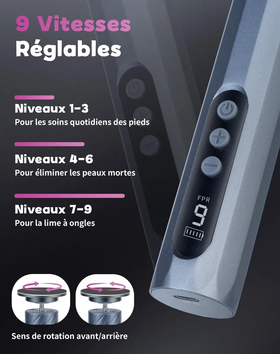 5 en 1 Rapeuse Pieds Électrique Ponceuse Pieds Electrique Râpe Pied Pédicure Rappe Pieds Lime HoneyGlow 9 vitesses réglables 4500tr/min Rechargeable 2000Mah Anti-Callosités(Gris)