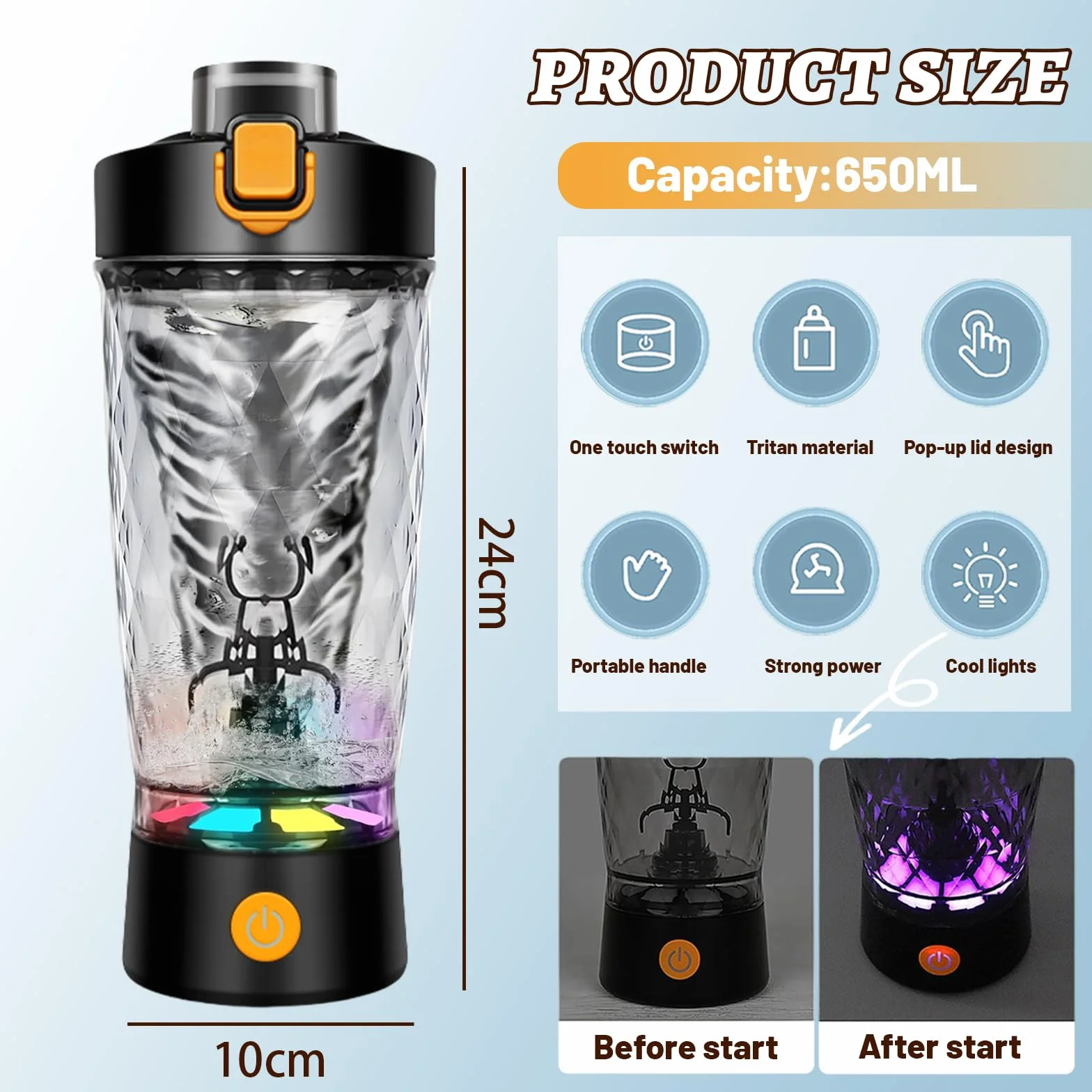 flintronic Shaker électrique à protéines - 650 ml - Mixeur automatique de protéines - Rechargeable par USB C - Pour shakes protéinés - Sans BPA