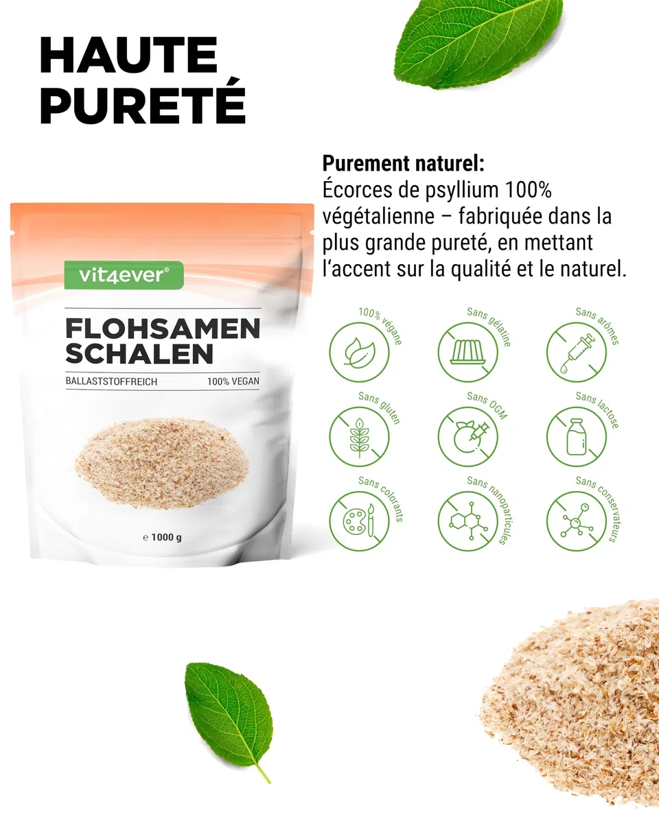 Psyllium Husks 1 kg - 1000 g - Résidus Contrôlés - Pureté 99% - Origine : Inde - Faible Teneur en Glucides - Haute Teneur en Fibres - sans Additifs - Vegan