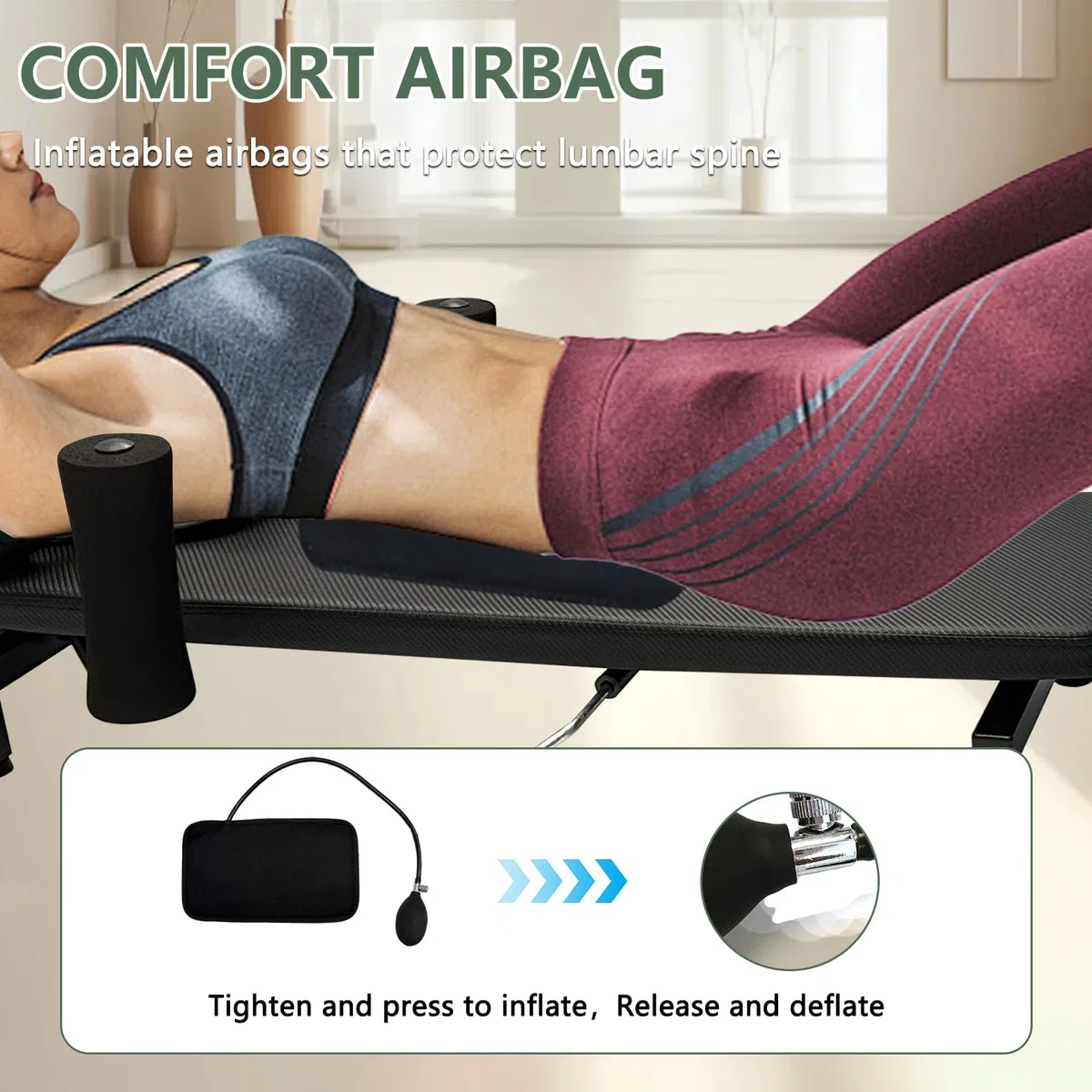 Table de traction dorsale réglable, appareil d’étirement du dos, longueur ajustable de 145 à 190 cm, avec protection airbag pour la taille, table d’étirement du dos, étirement décompressif du cou