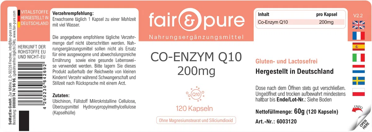 Fair & Pure Co-Enzyme Q10 Capsules 200mg, 120 pièces, complément alimentaire végétalien sans additifs, fabriqué en Allemagne