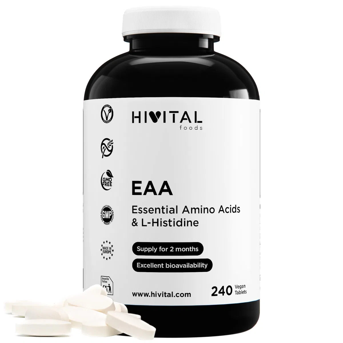 EAA Acides Aminés Essentiels. 240 comprimés végétaliens pour 2 mois de traitement. 9 Acides Aminés Essentiels. Fabriqué en Europe par HIVITAL