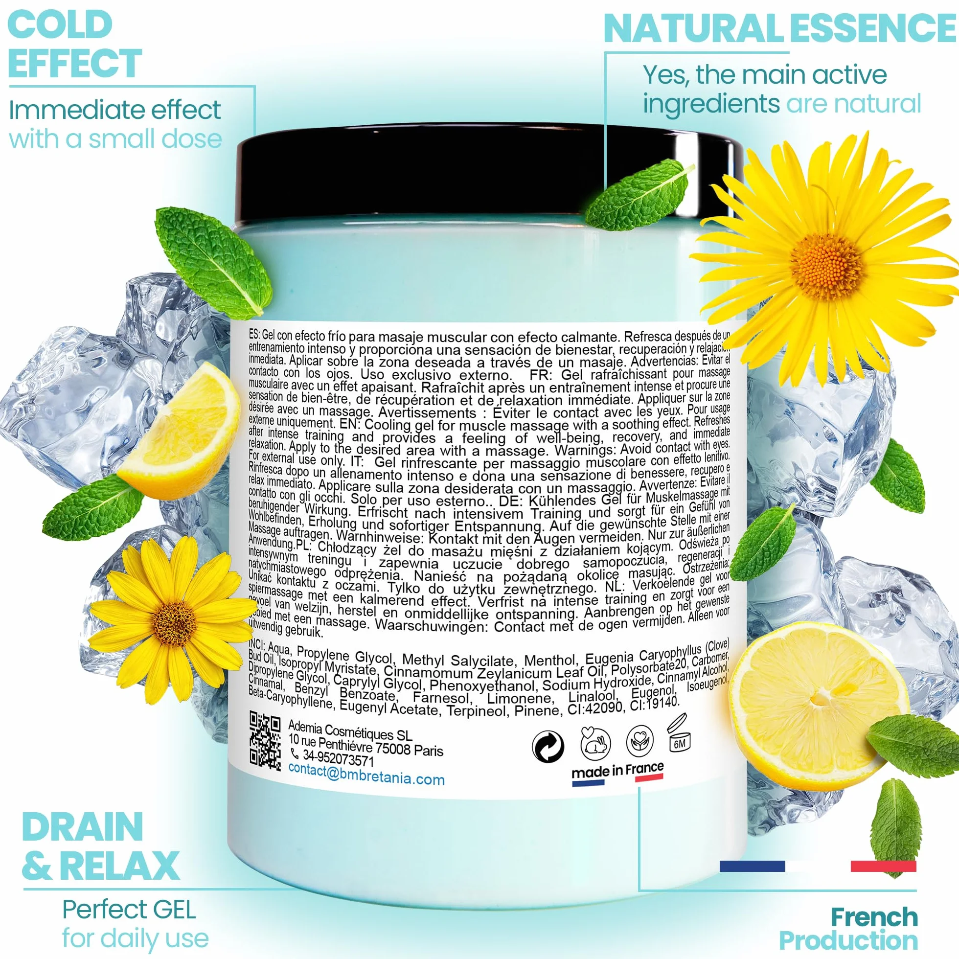 bleu & marine Bretania - Gel CRYO 1000 ml, Effet Froid Intense, Absorption Rapide, Ingrédients Naturels, Massage Sport & Bien-être, Transparent, 1L