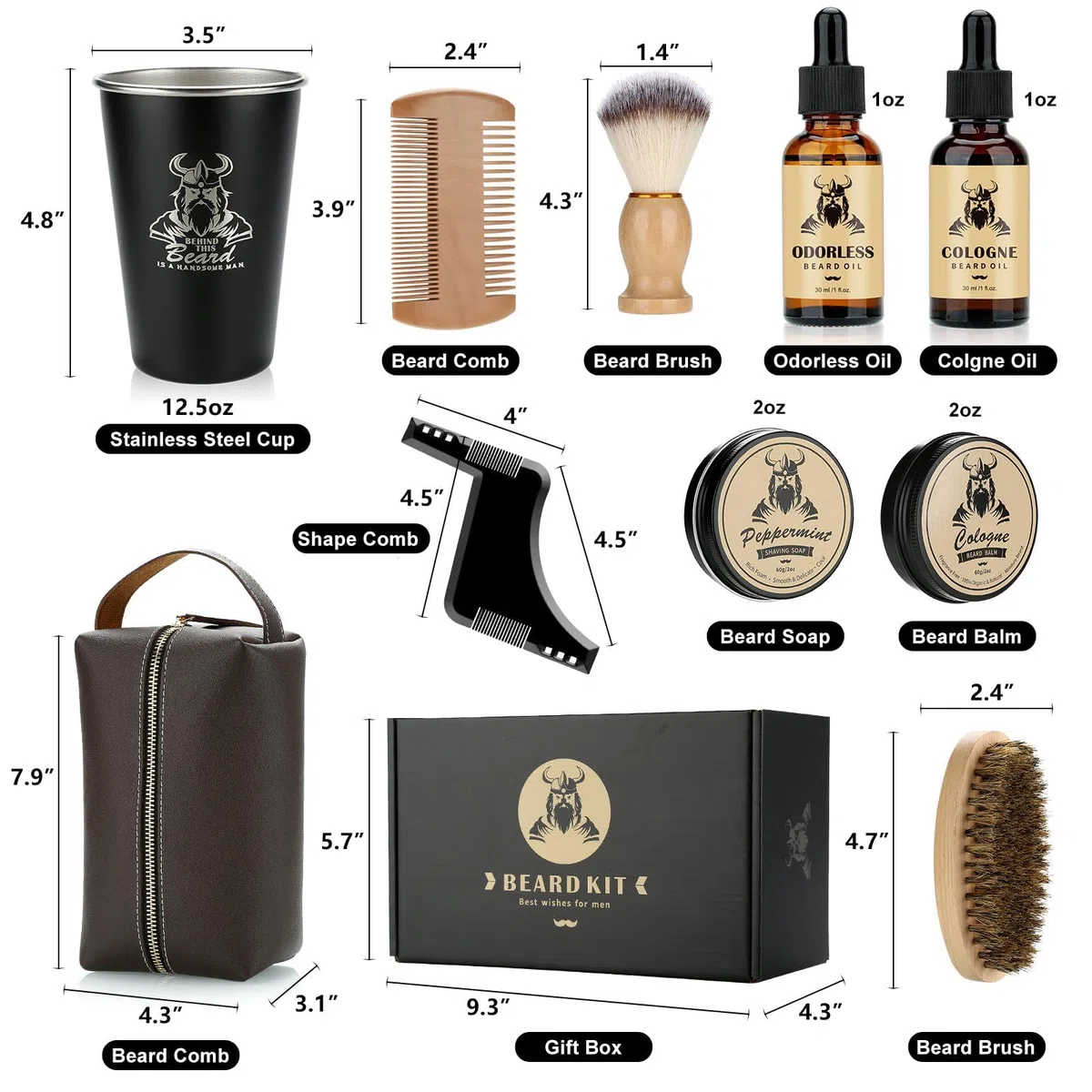 EXREIZSTKit Barbe homme,coffret barbe homme2Huile de croissance de la barbe, baume, blaireau, peigne, savon de rasage,Tasse en acier inoxydable rangementconvient aux cadeaux d'anniversaire pour homme