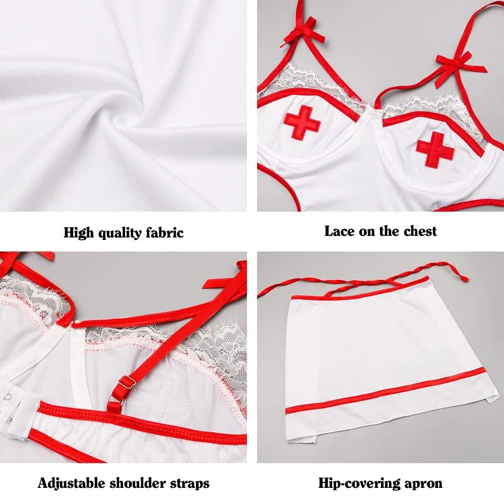VicSec Ensemble De Lingerie Sexy Pour Femme Tenue D'infirmière Body Nuisette Costume Érotique Robe En Maille Fendue Cosplay Jupe Creuse Uniforme De Club Jeu De Rôle Vêtements De Nuit Père Noël
