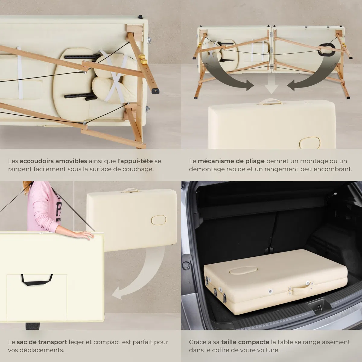 tectake Table de Massage 2 Zones Pliante Cosmetique Lit de Massage Table Esthetique Tatouage Portable avec Repose Bras, Housse de Transport Incluse - Beige