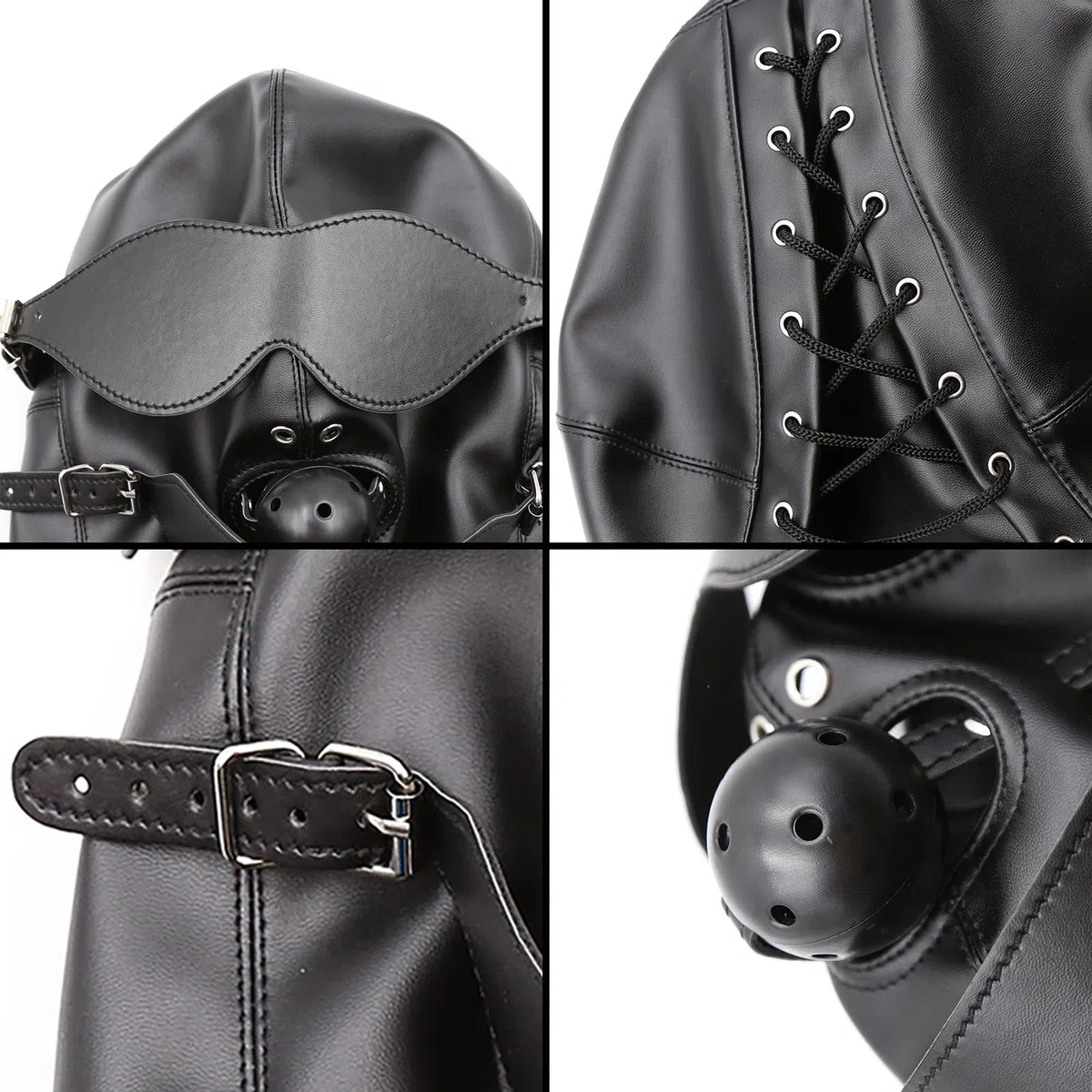 RUIXIA Cagoule Sexy en Faux Cuir Noir Cagoule BDSM avec Bâillon Amovible et Masque des Yeux Rétractable Capuche de Tête de Déguisement pour Couple,Jeux,Carnaval,Boîte de Nuit