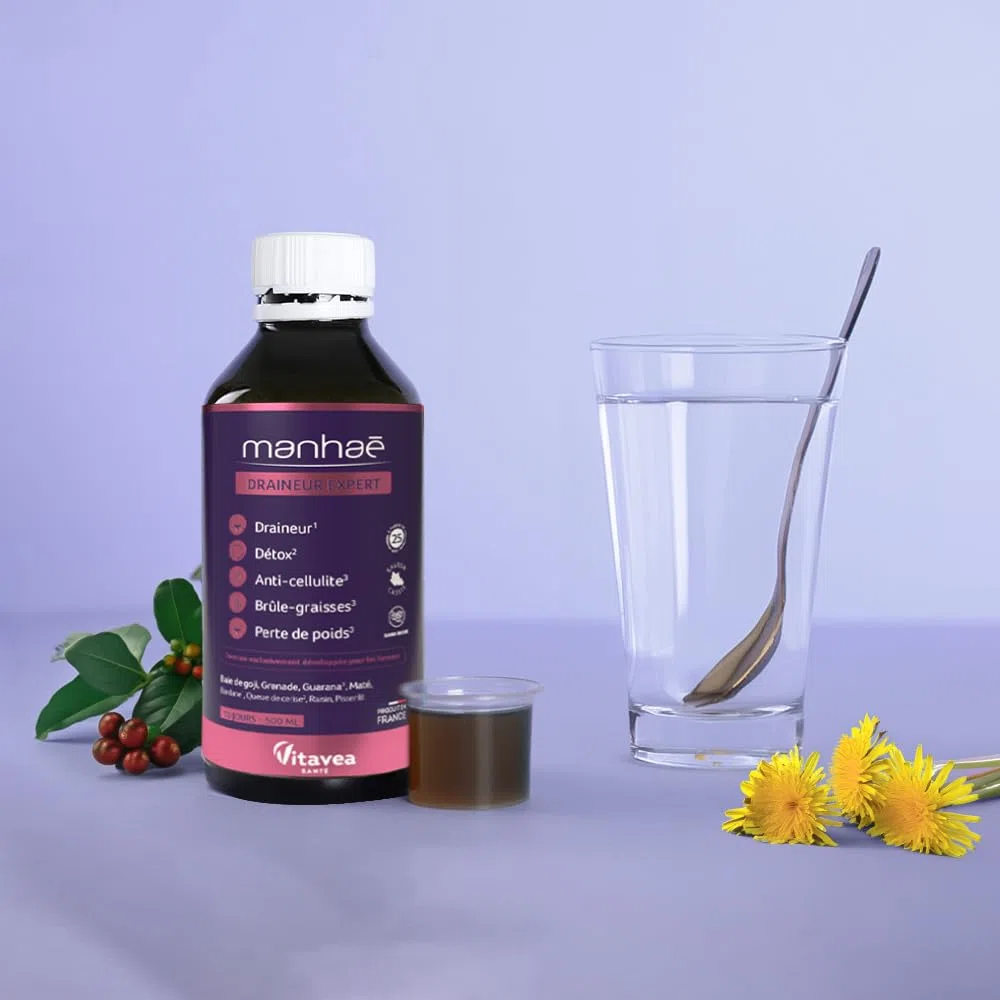 Manhaé - Draineur Expert - Draineur, Détox, Perte de Poids - Guarana, Baie de Goji, Grenade, Bardane, Queue de Cerise - 500ml - 10 jours - Saveur Cassis - Fabriqué en France - Vitavea (Lot de 2)